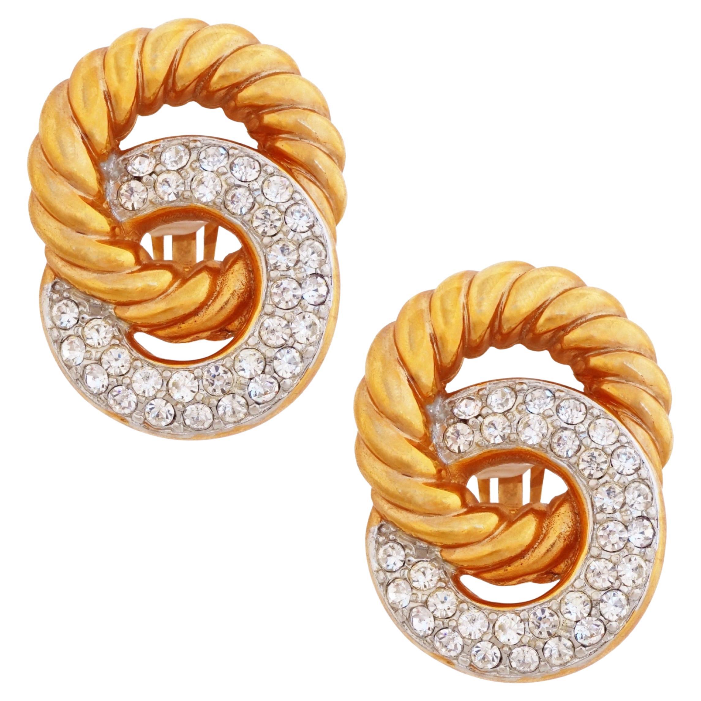 80s Two Tone Interlocking Circles Earrings With Crystal Pavé By Les Bernard