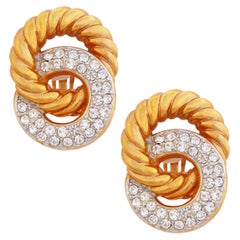 Vintage 80s Two Tone Interlocking Circles Earrings With Crystal Pavé By Les Bernard