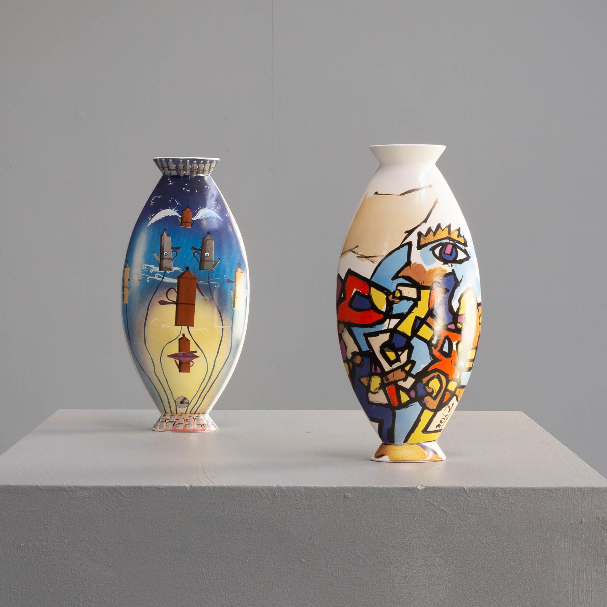 A set of 2 unique vases which comes from a series of ceramic vases designed in a project named ‘The Memphis Design Group’ by Ettore Sottsass, Mendini and Guerriero, among others.
The series includes 30 vases, each designed by one of Italy’s most