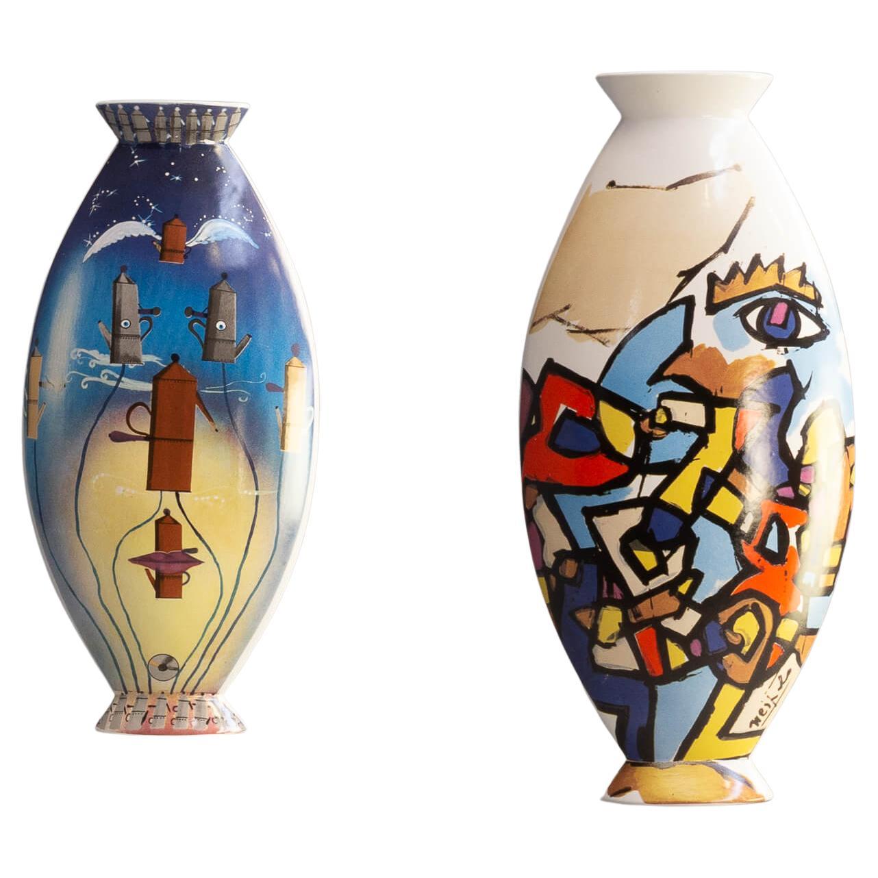 80s Ugo Nespolo, Riccardo Dalisi Vase for Bottega des Vasai Set/2 For Sale