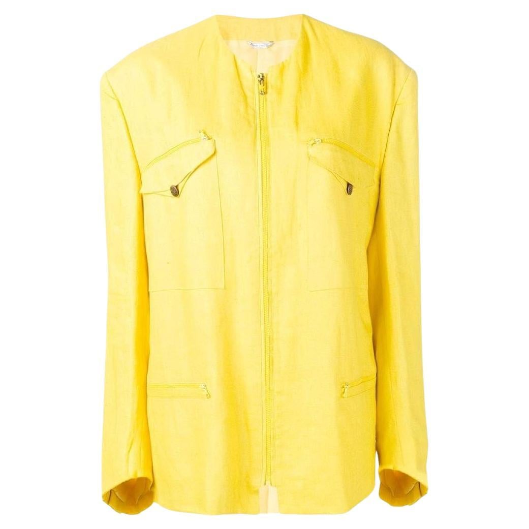 80s Versace Vintage yellow linen zipped jacket with padded shoulders For Sale
