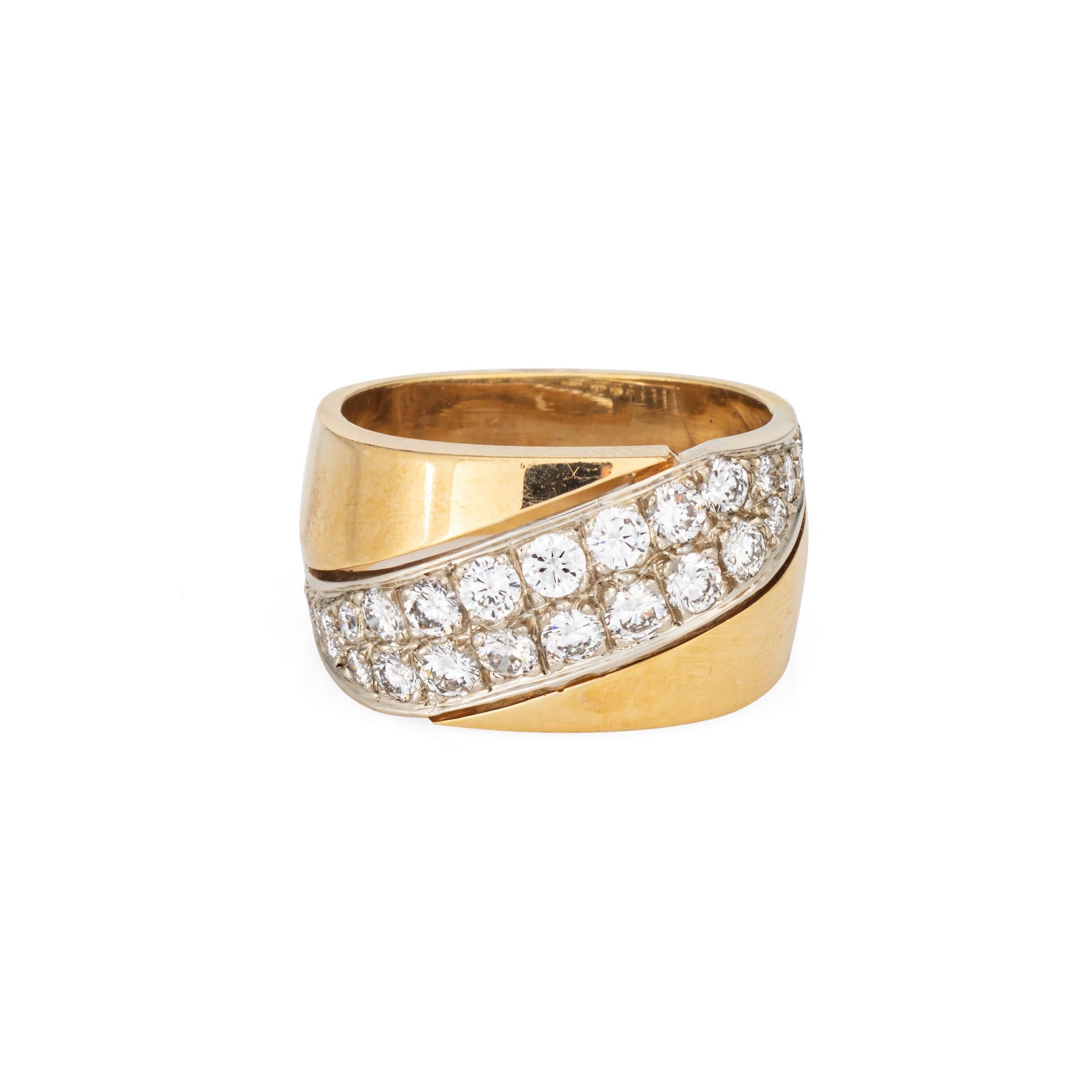 Vintage pave diamond square ring (circa 1980s) crafted in 18 karat yellow gold. 

Round brilliant cut diamonds total an estimated 1 carat (estimated at G-H color and VS2-SI1 clarity).

Pave set diamonds adorn the stylish band and shimmer with your