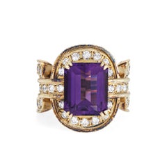 80s Vintage Amethyst Diamond Link Ring Sz 6.75 Wide Band 14k Yellow Gold Jewelry