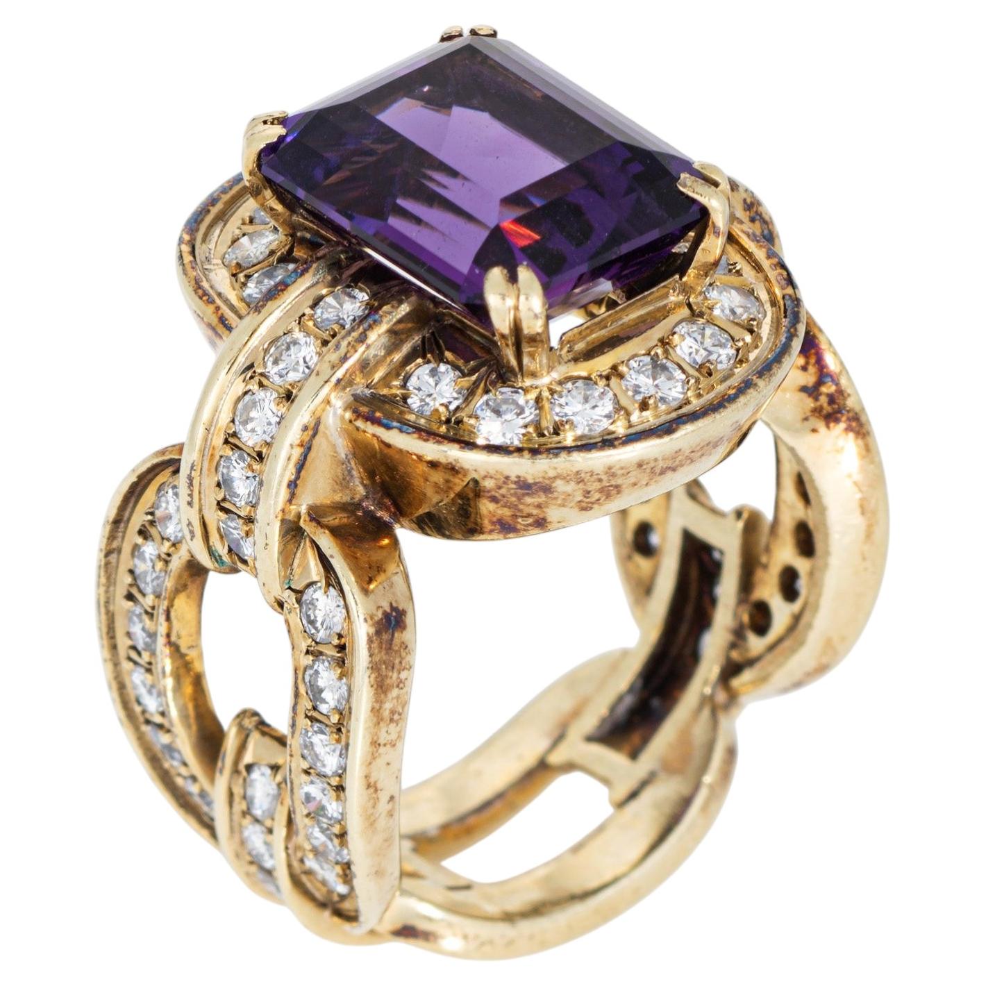 80s Vintage Amethyst Diamond Link Ring Sz 6.75 Wide Band 14k Gelbgold Schmuck