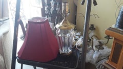 80s Vintage Bevelled Crystal Gilt Bronze Table Lamp Signed by Baccarat Red Shade