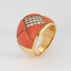 80s Vintage Coral Diamond Cigar Band 18k Yellow Gold Sz 6.25 Ring Fine Jewelry