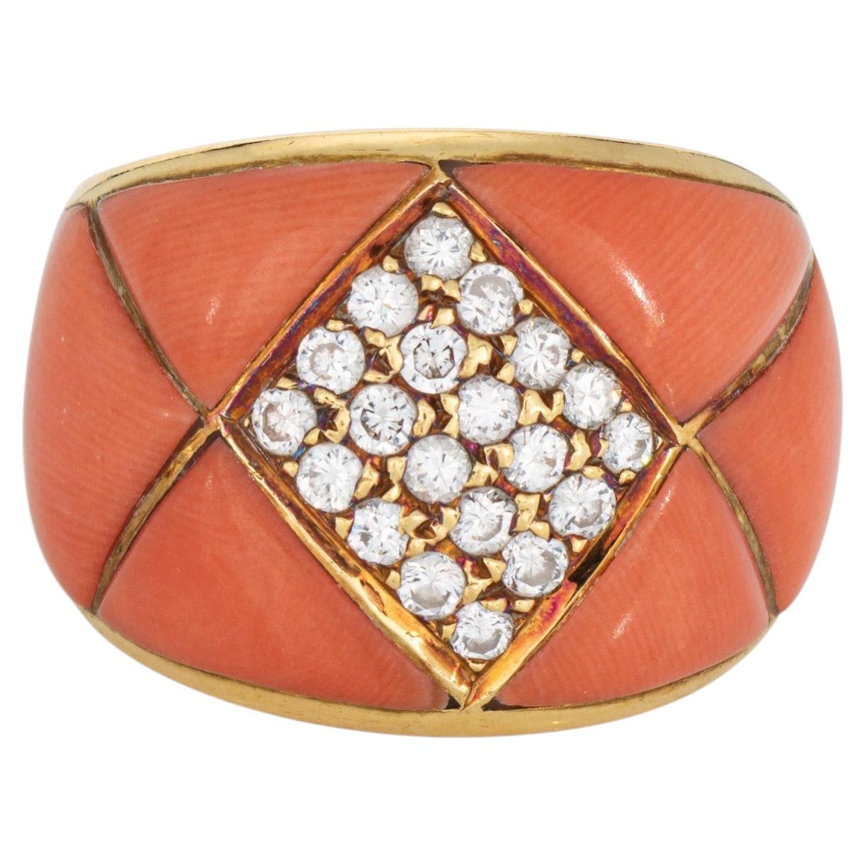 80s Vintage Coral Diamond Cigar Band 18k Yellow Gold Sz 6.25 Ring Fine Jewelry