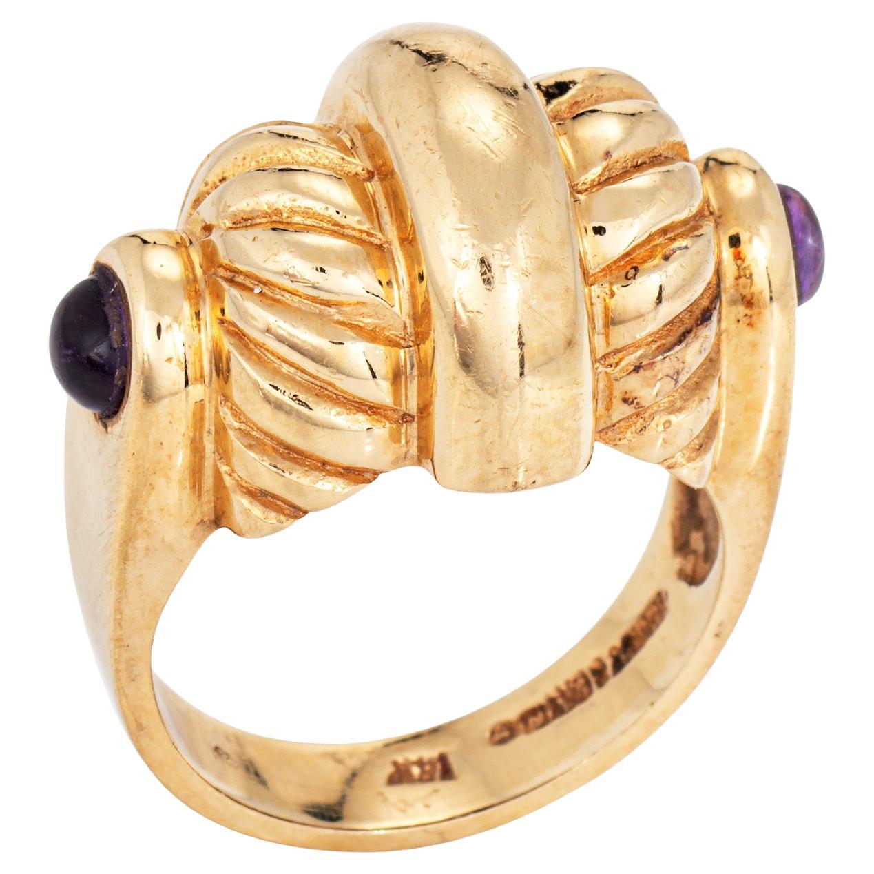 80s Vintage Dome Ring Sz 6.5 Cigar Band Amethyst 14k Yellow Gold Fluted Jewelry For Sale