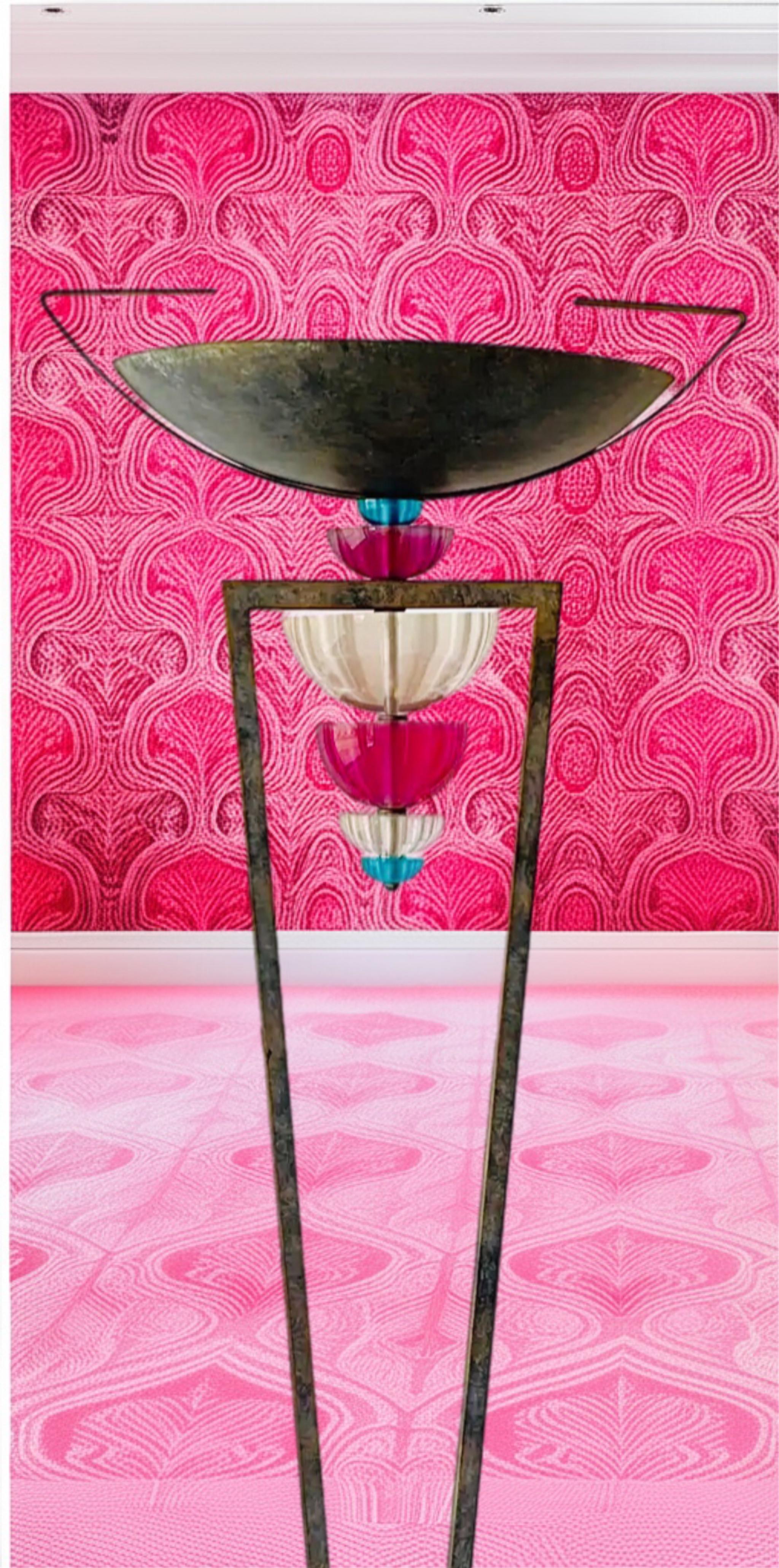 80s Vintage Hivo Van Teal Post Modern Art Deco Torchiere  Lámpara de pie Lucite Estadounidense en venta