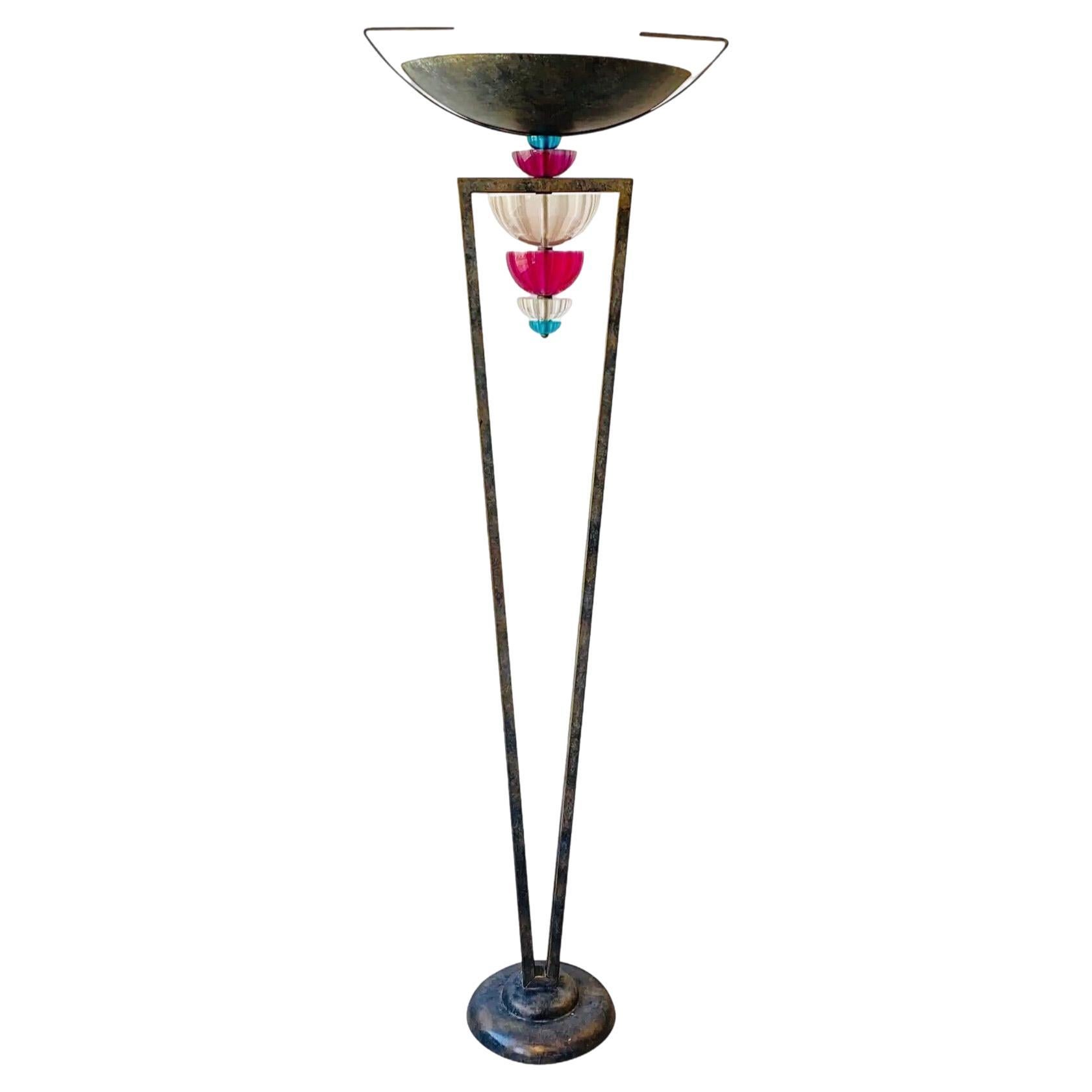 80s Vintage Hivo Van Teal Post Modern Art Deco Torchiere  Lucite Floor Lamp