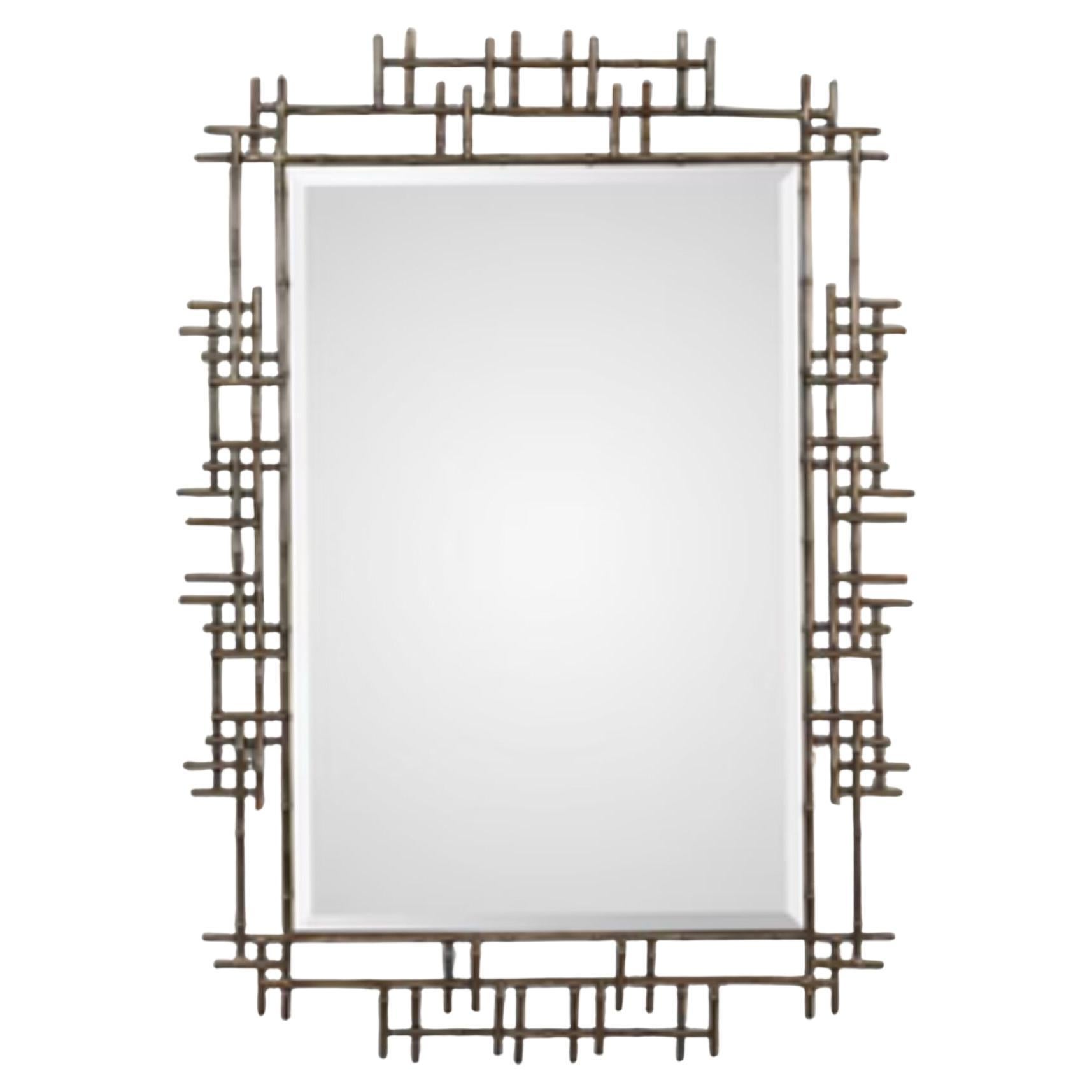 80s Vintage Rare Brutalist Gilt Faux Bamboo Metal Wall Mirror