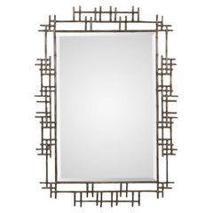 80s Vintage Rare Brutalist Gilt Faux Bamboo Metal Wall Mirror
