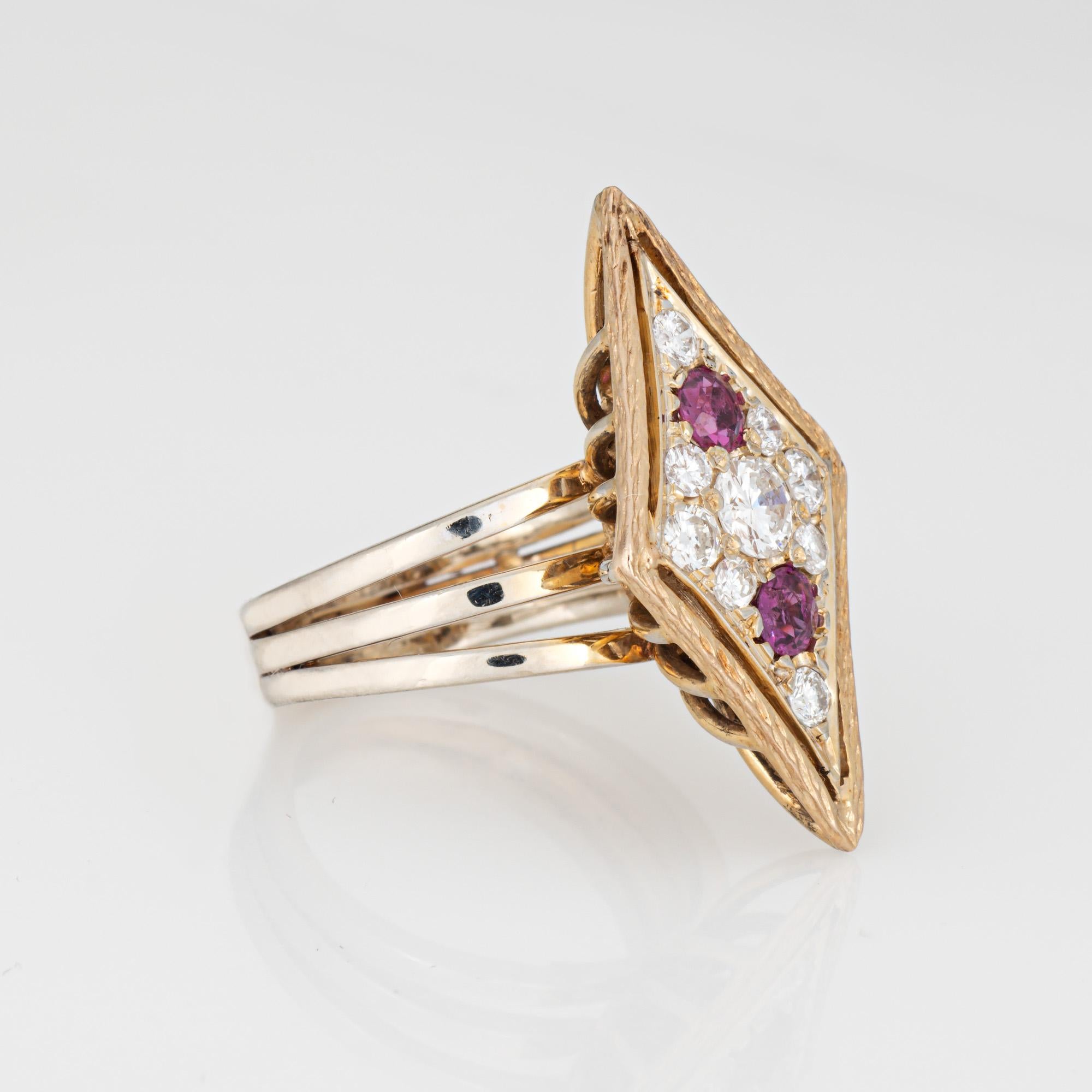 Modern 80s Vintage Rhombus Ring Diamond Ruby 14k Yellow Gold Cocktail Jewelry Sz 5 For Sale