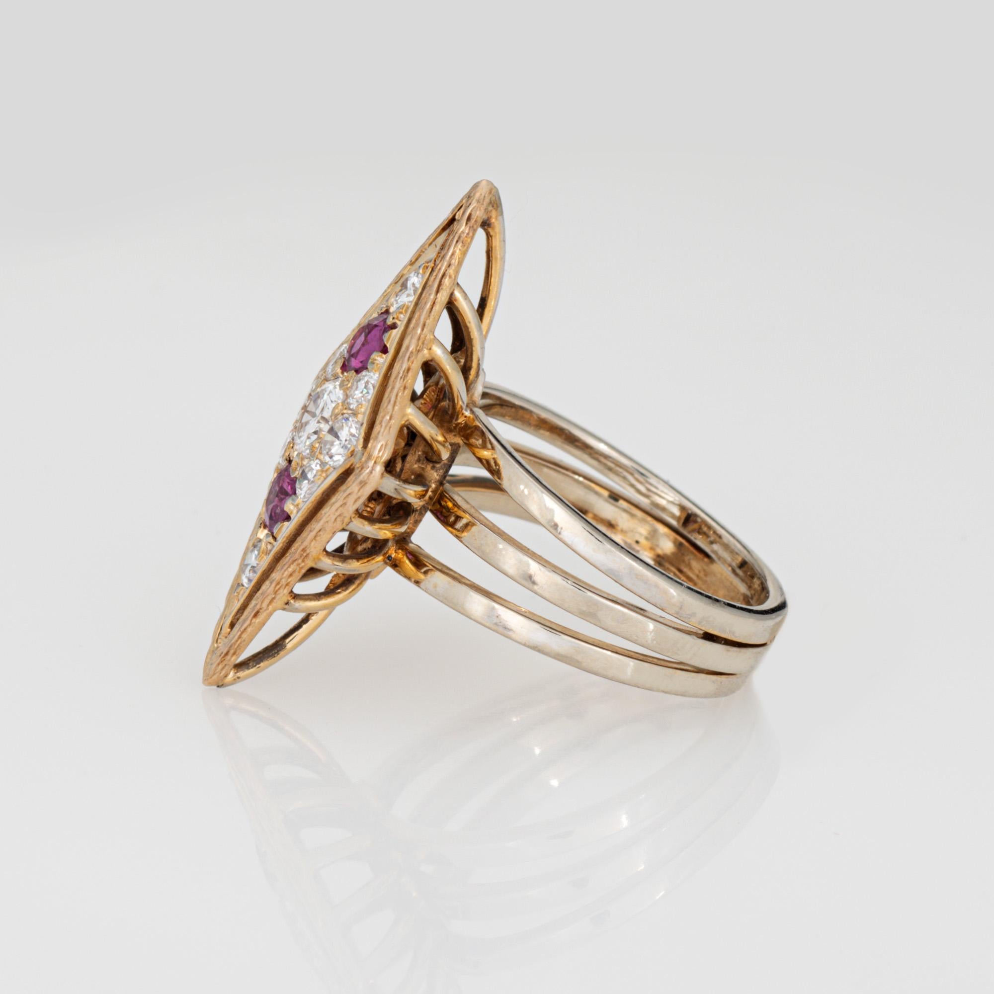 Round Cut 80s Vintage Rhombus Ring Diamond Ruby 14k Yellow Gold Cocktail Jewelry Sz 5 For Sale