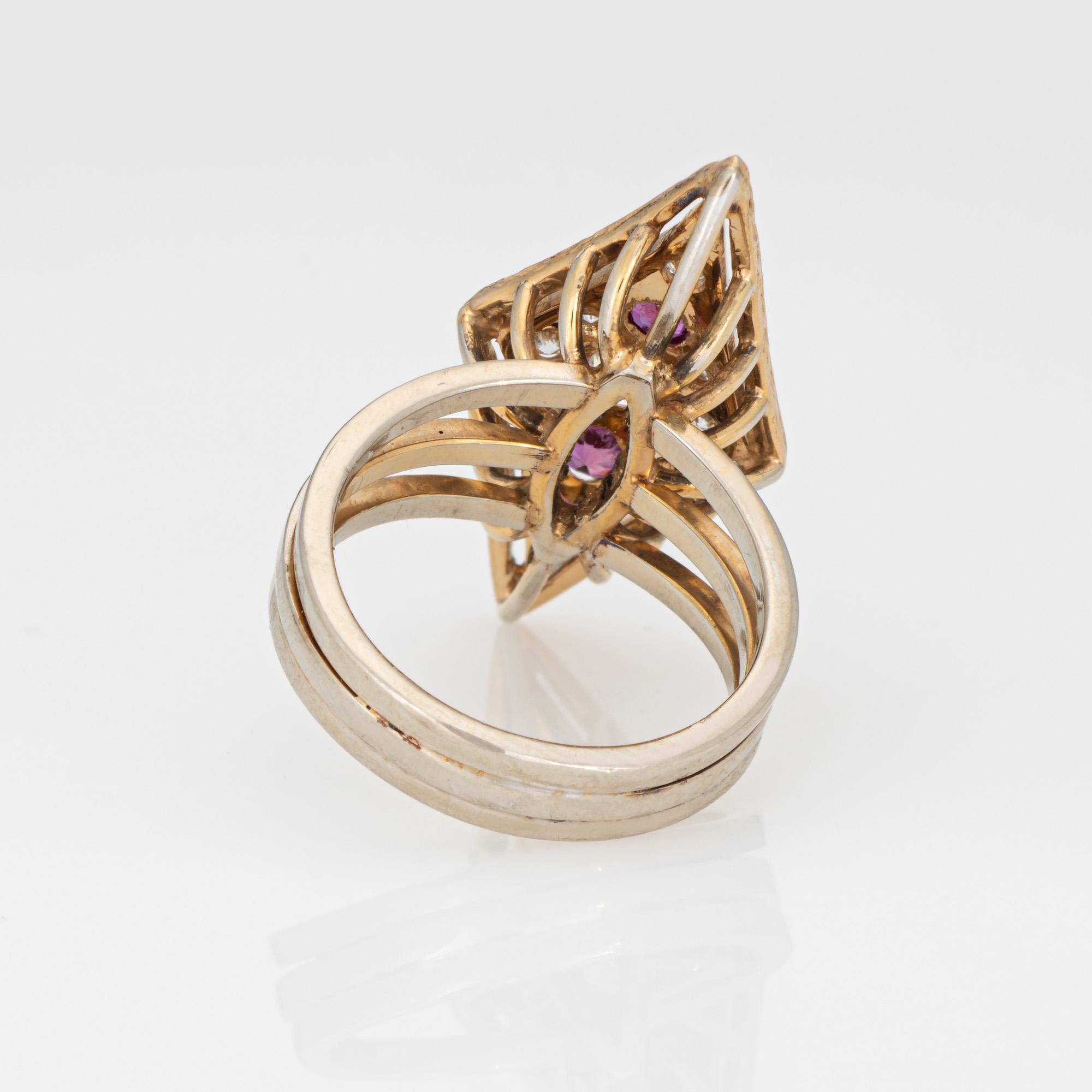 80s Vintage Rhombus Ring Diamond Ruby 14k Yellow Gold Cocktail Jewelry Sz 5 In Good Condition For Sale In Torrance, CA