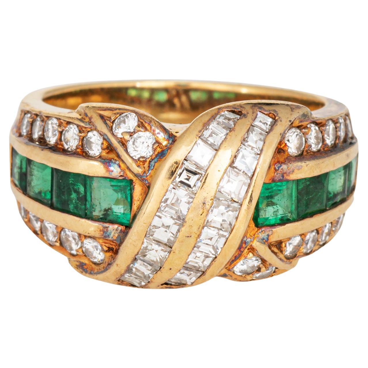 80s Vintage Tiffany & Co Emerald Diamond Sz 6 18k Yellow Gold Signed en vente