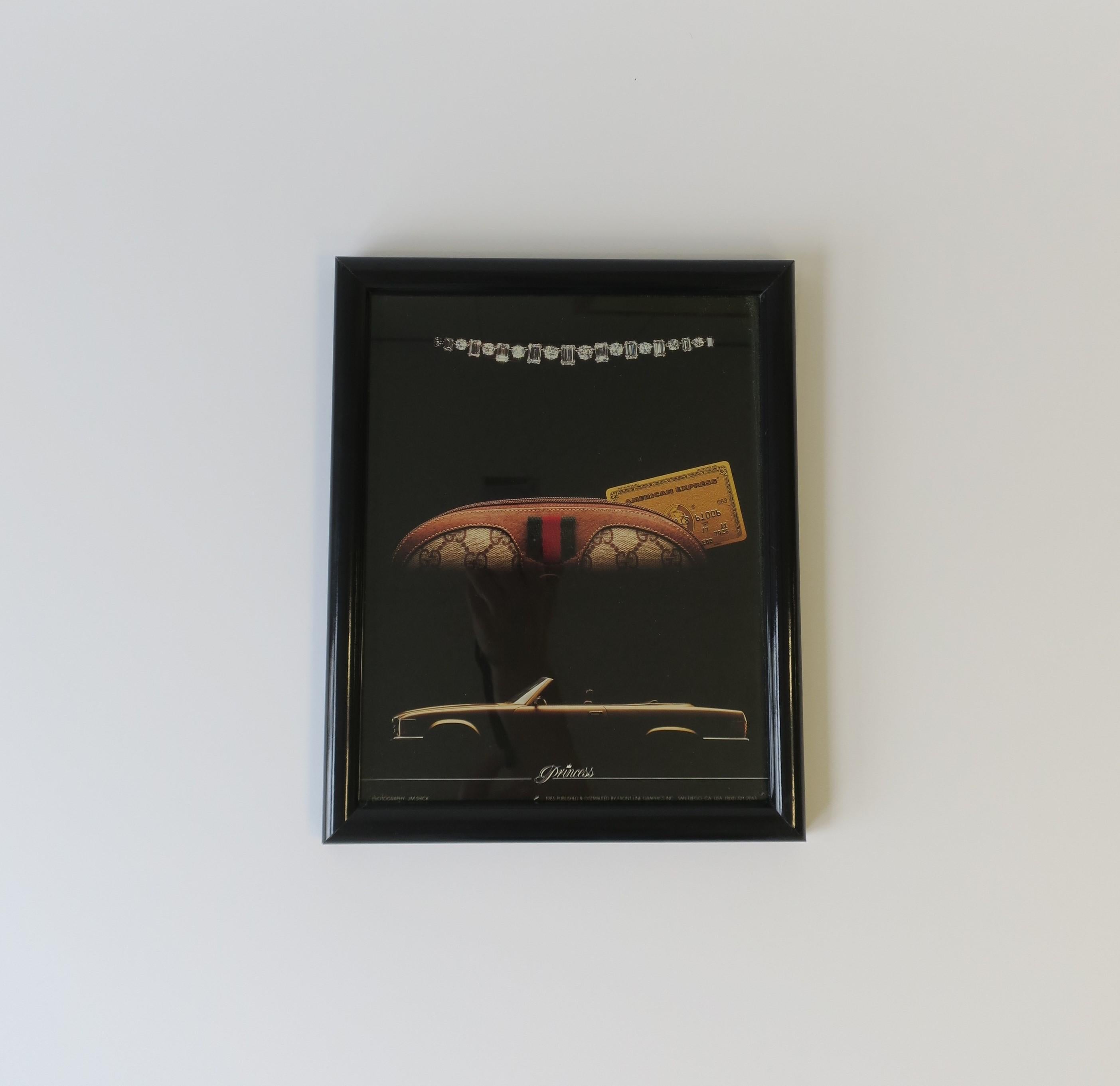 1980s indulgence captured in this custom art work image by photographer Jim Shick. Surrounded by a black lacquer frame, the photographer's definition of 1980s indulgence includes a beautiful diamond necklace, a Gucci handbag, an American Express