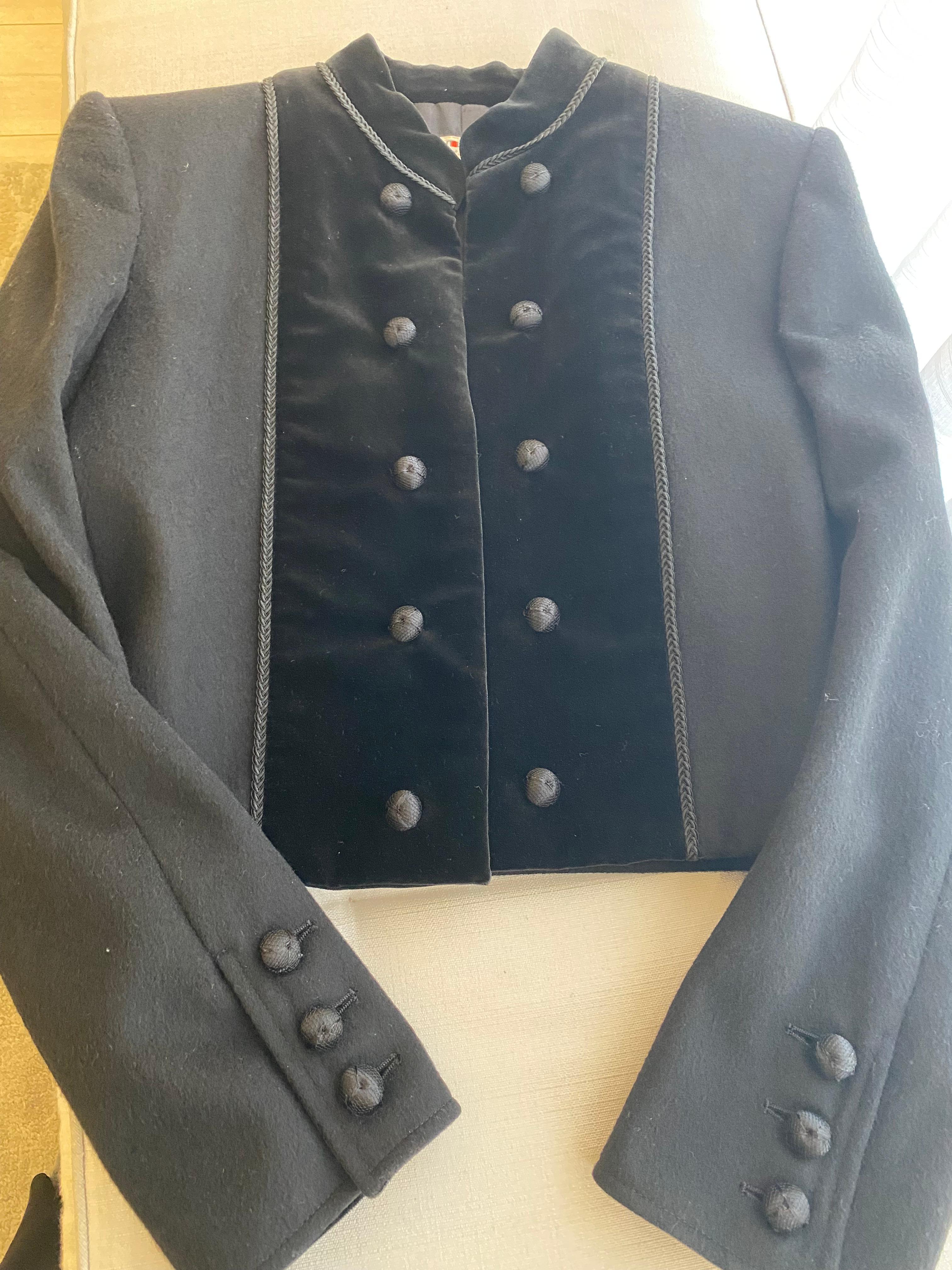 80s Yves Saint Laurent Black Crop Jacket and Skirt Set For Sale 6