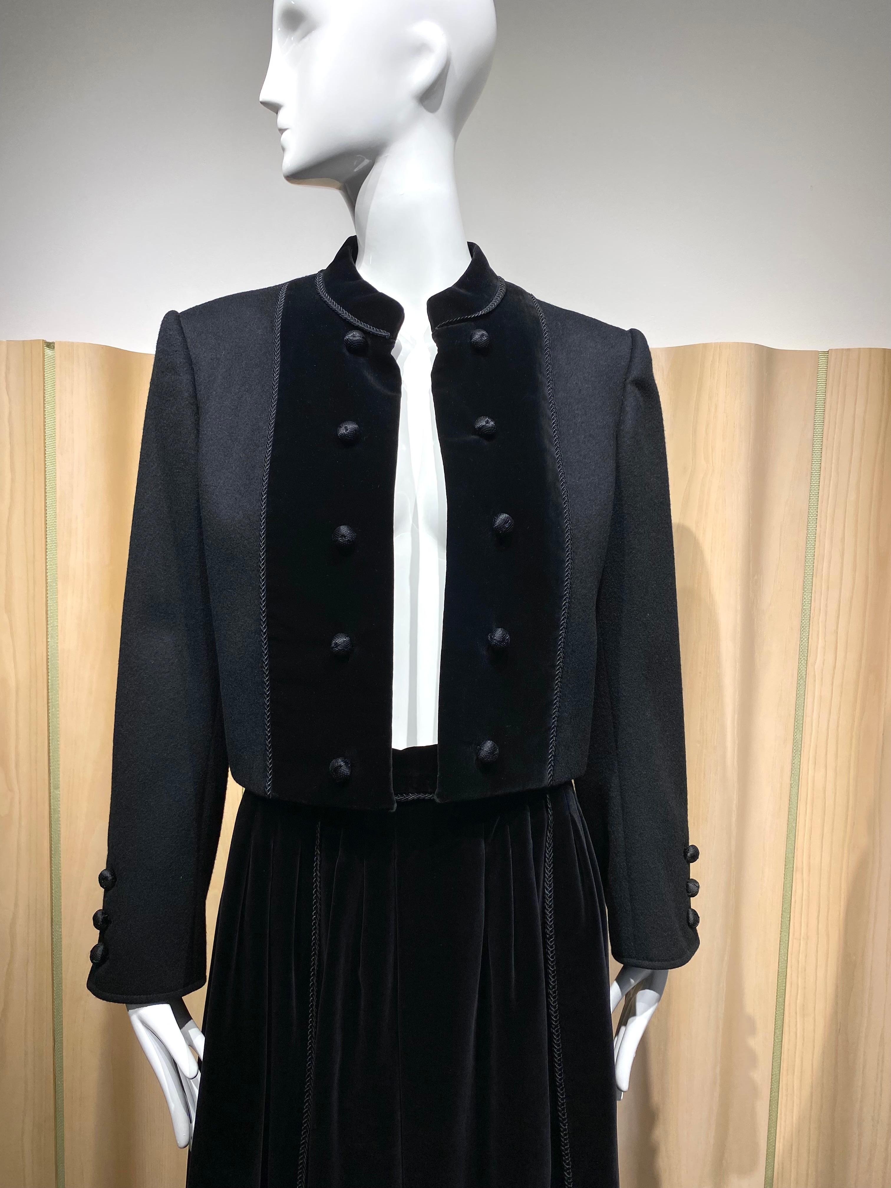 80s Yves Saint Laurent Black Crop Jacket and Skirt Set In Excellent Condition For Sale In Beverly Hills, CA