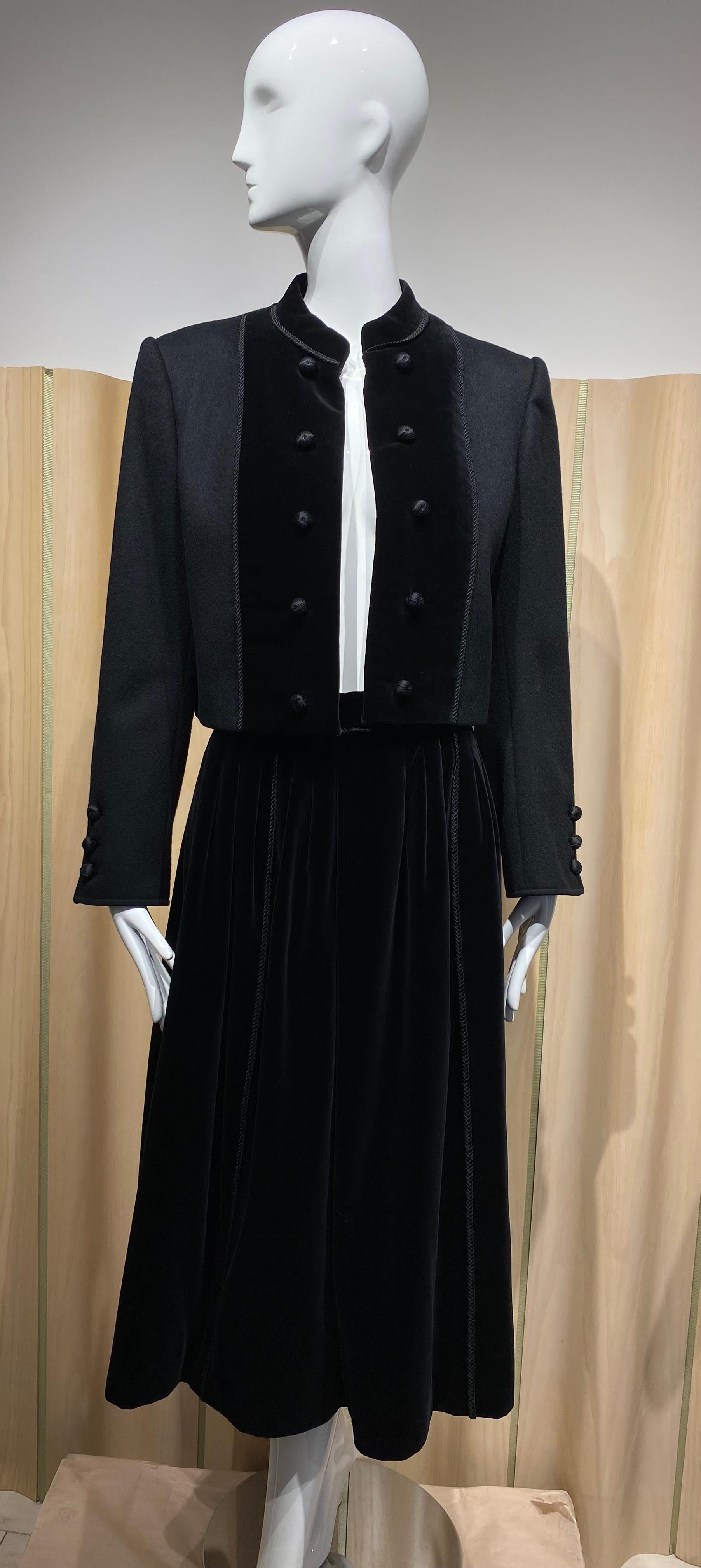 Women's 80s Yves Saint Laurent Black Crop Jacket and Skirt Set For Sale