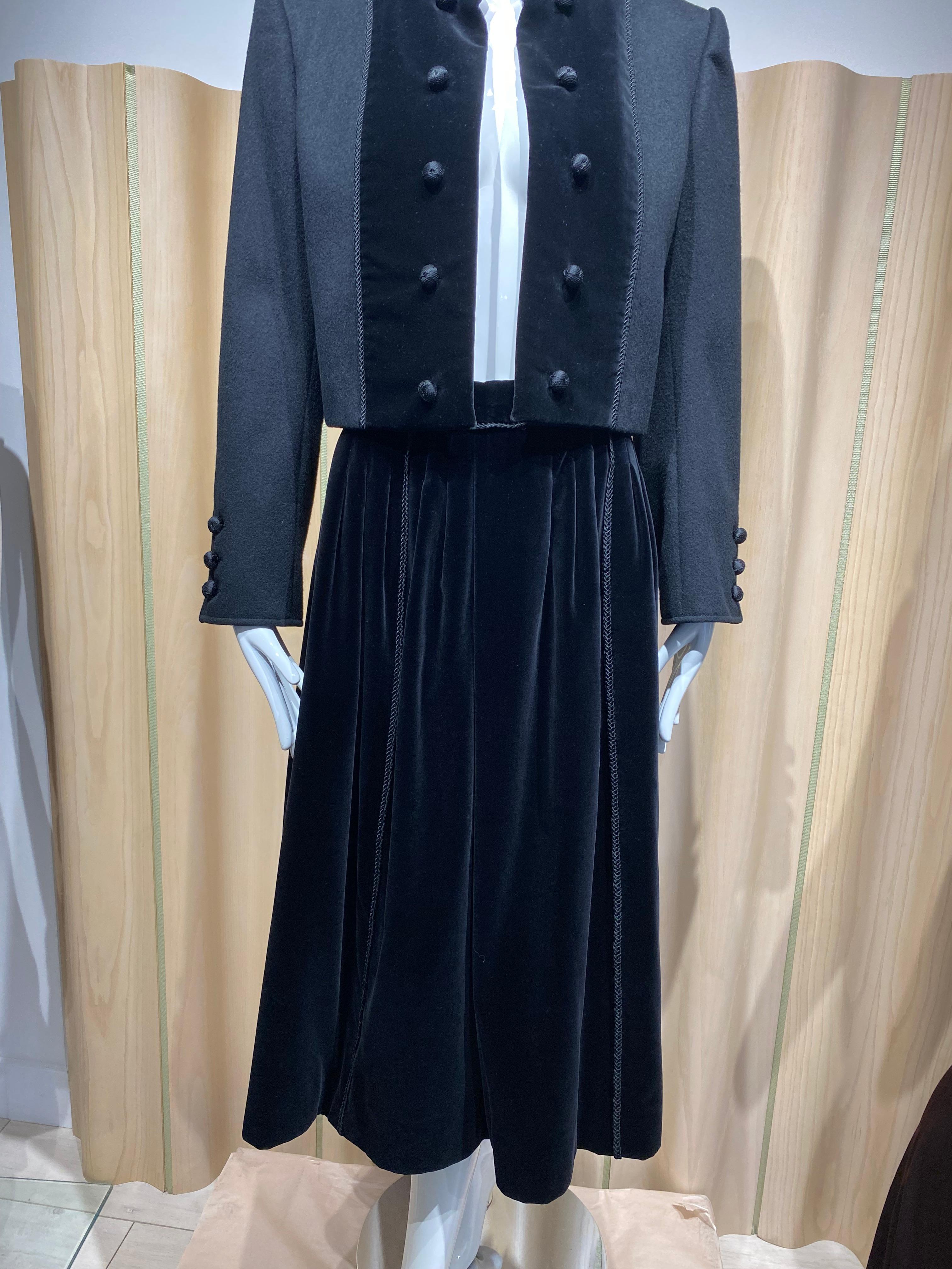 80s Yves Saint Laurent Black Crop Jacket and Skirt Set For Sale 2