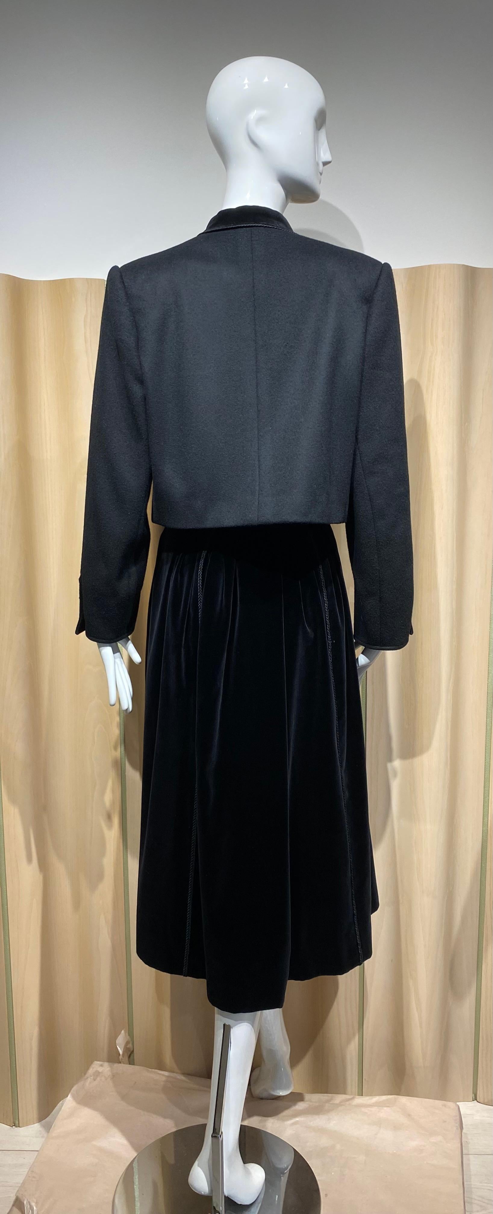 80s Yves Saint Laurent Black Crop Jacket and Skirt Set For Sale 3