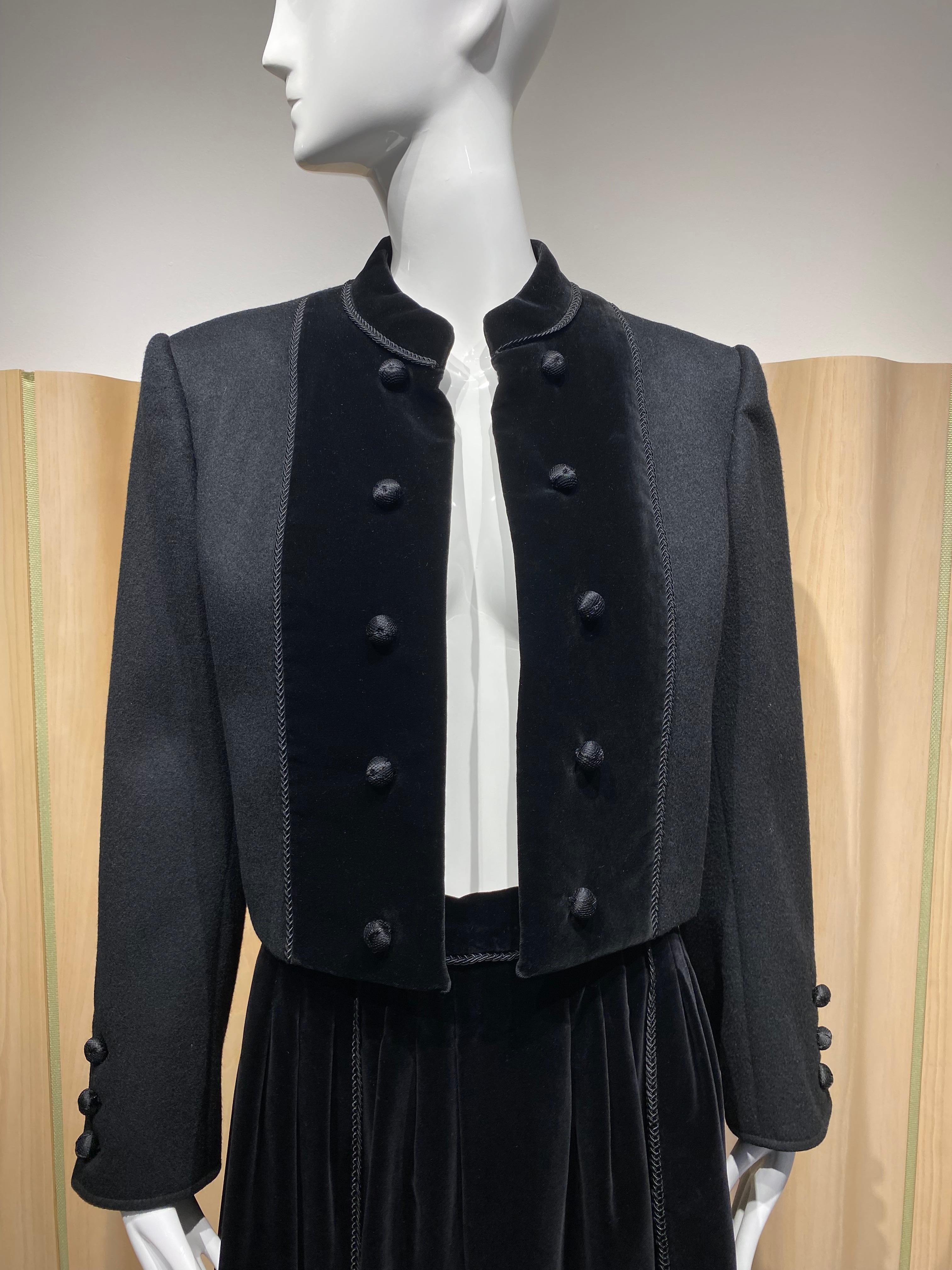 80s Yves Saint Laurent Black Crop Jacket and Skirt Set For Sale 4