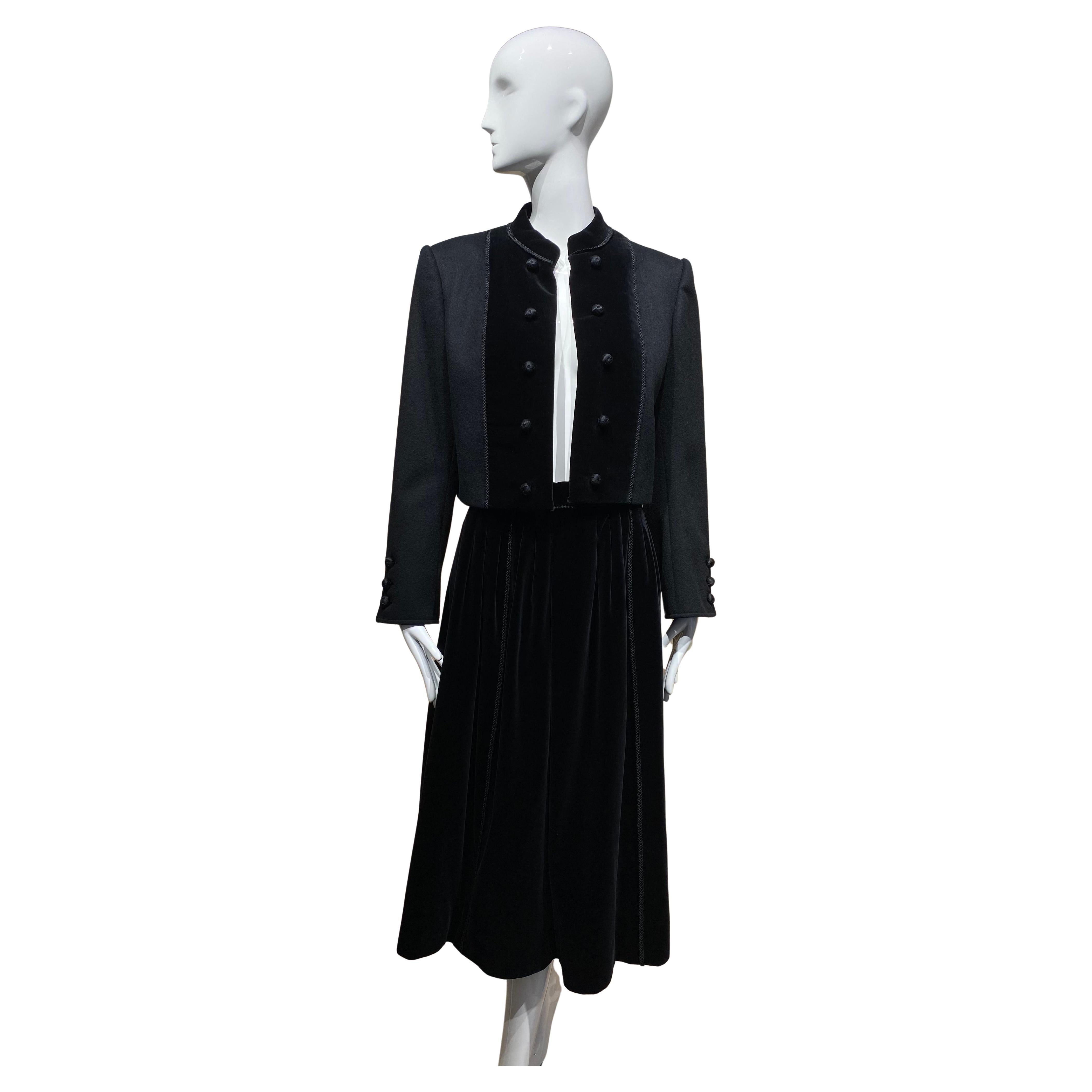80s Yves Saint Laurent Black Crop Jacket and Skirt Set For Sale