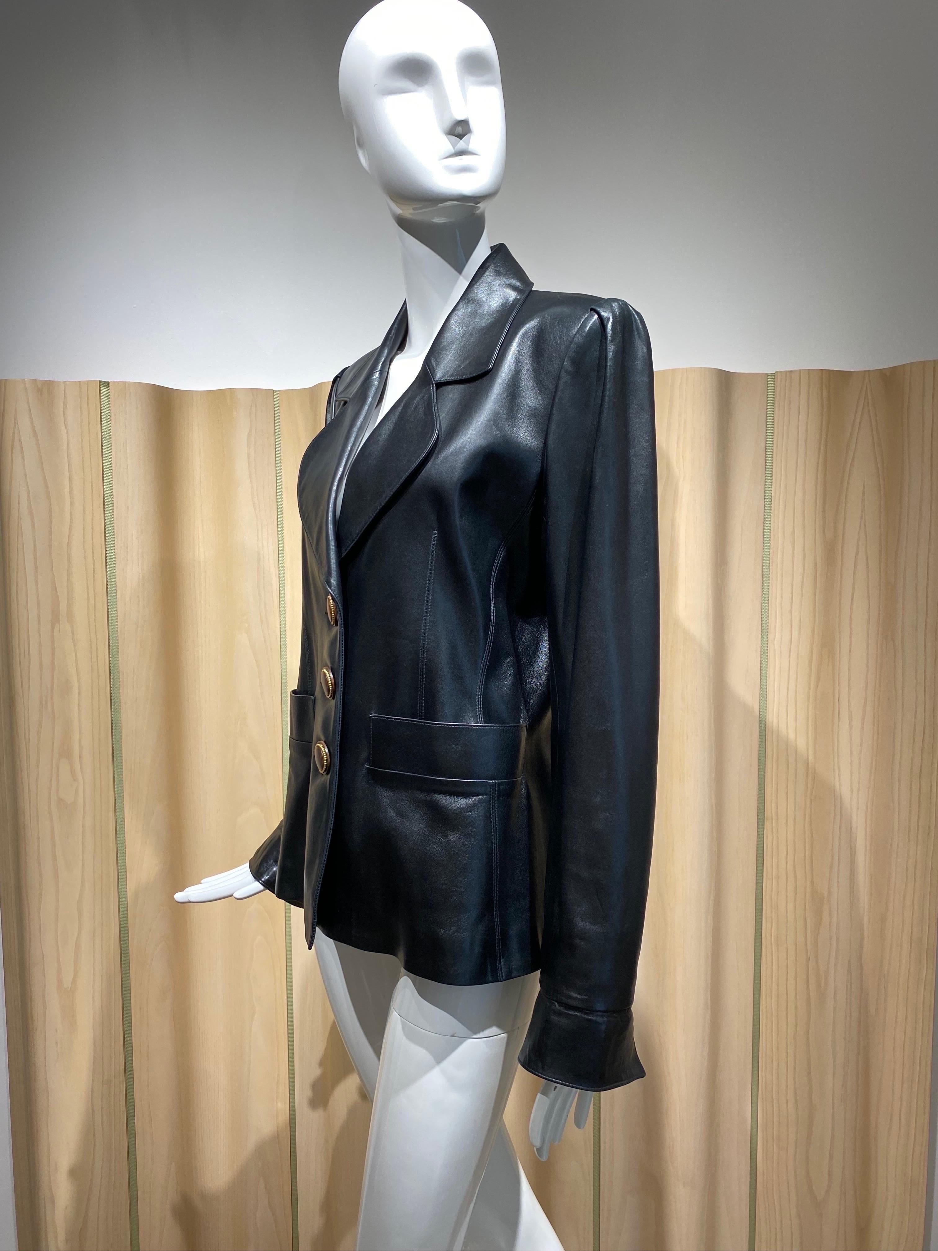 80s Saint Laurent Rive Gauche Black Leather Jacket. 
Soft lamb skin leather. Pockets and buttons. Jacket/Blazer marked size 42
Measurement:
Bust: 40”/ Waist: 37” / Hip: 46”/ Sleeve: 26”/ Jacket length: 24”/ shoulder : 16.5”

**Jacket has been