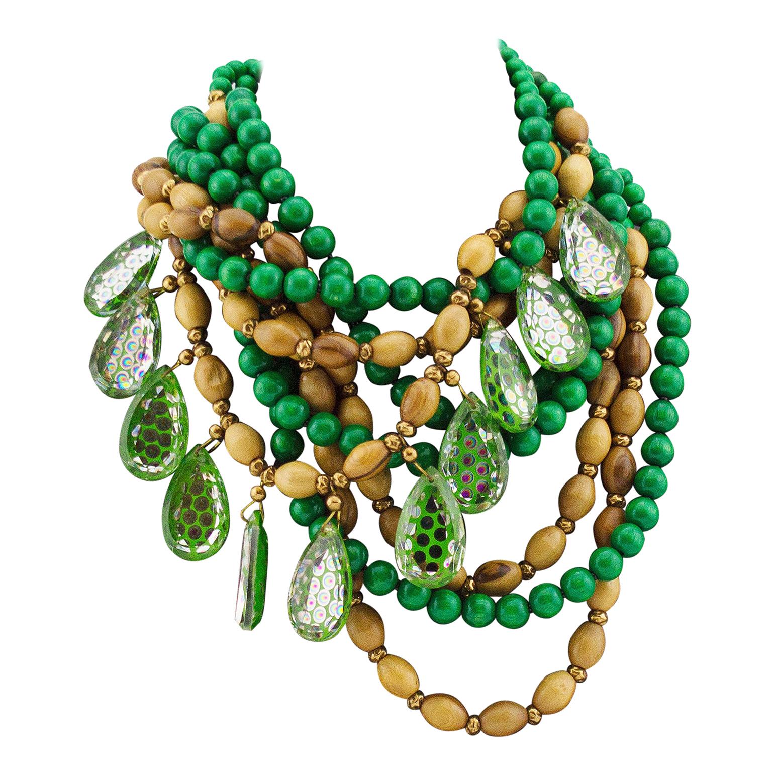 80's Yves Saint Laurent Rive Gauche Green & Brown Multi Strand Beaded Necklace For Sale