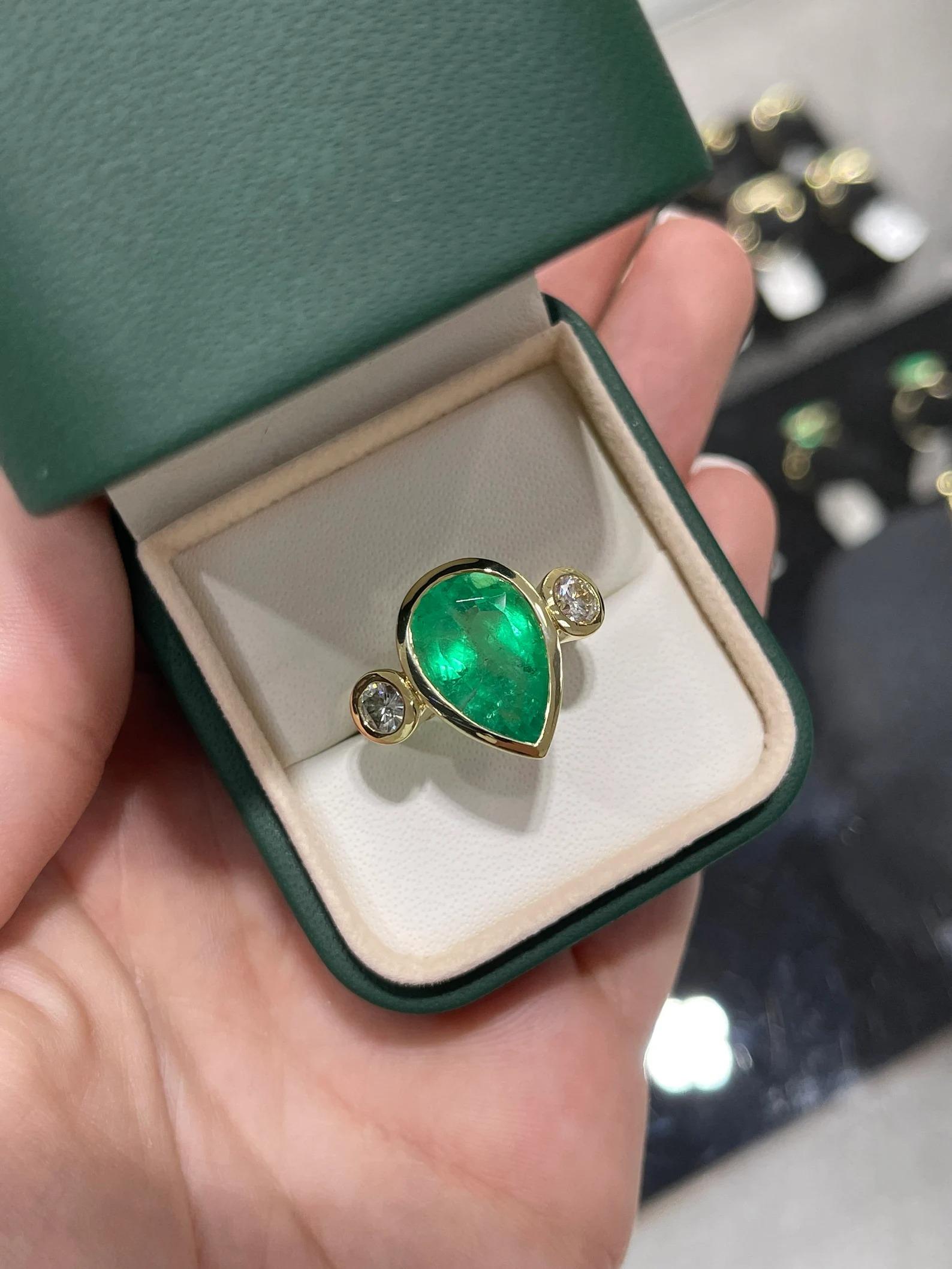 Pear Cut 8.0tcw Large Tear Drop Colombian Emerald & Diamond Three Stone Bezel Ring 18K For Sale