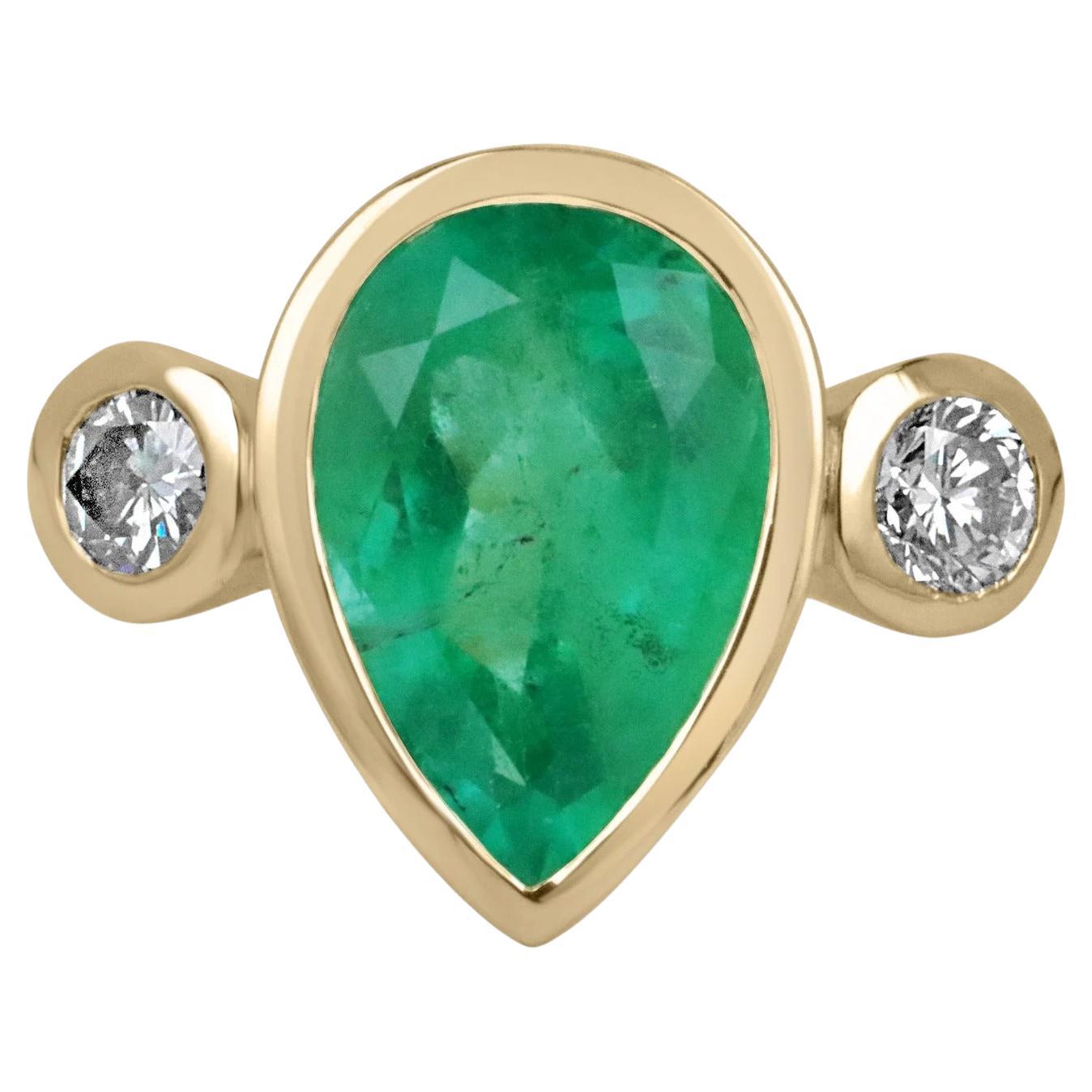 8.0tcw Large Tear Drop Colombian Emerald & Diamond Three Stone Bezel Ring 18K For Sale