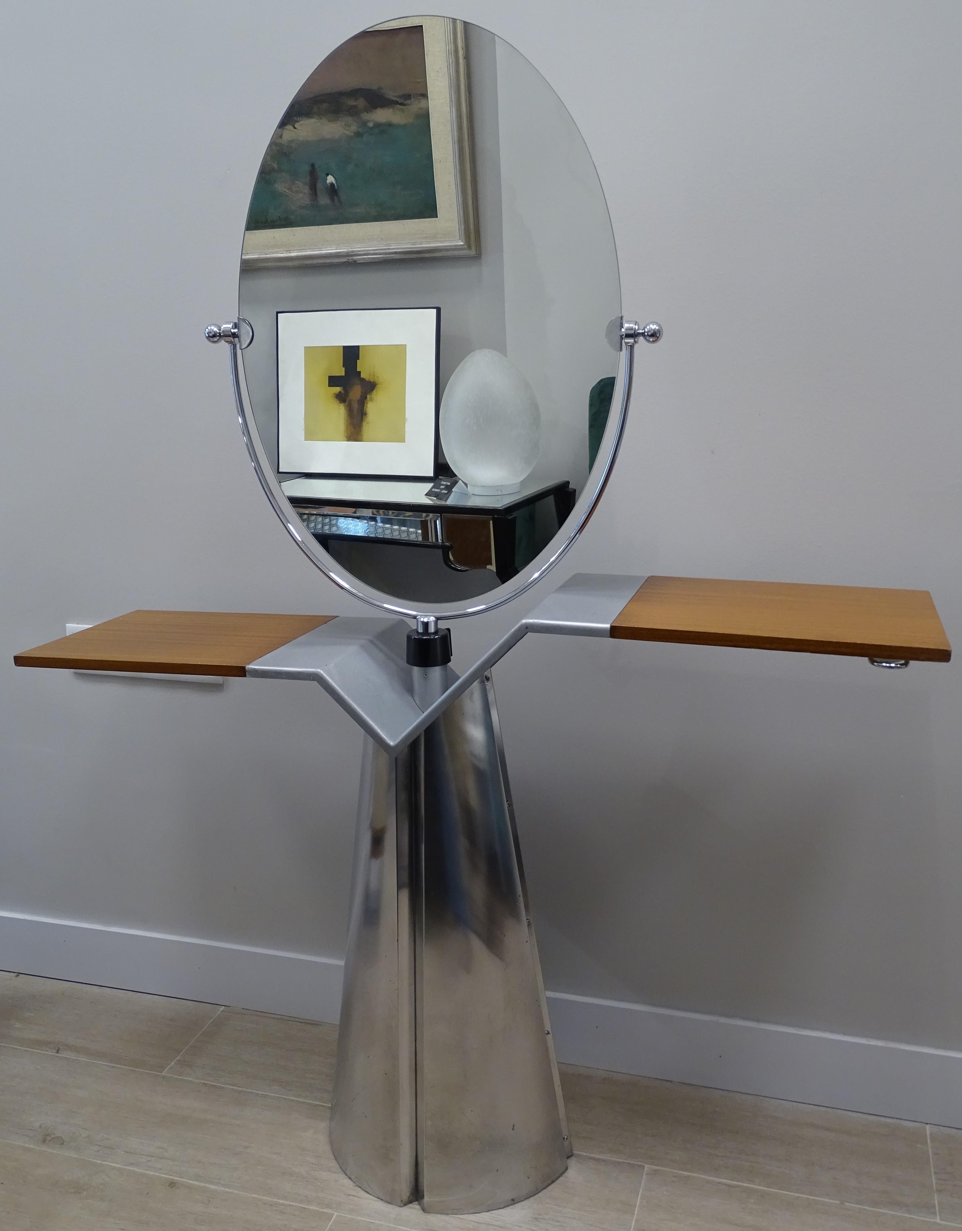 80s Italian Wood Aluminium Glass Vanity Mirror Dressing Table Mirror For Sale 8