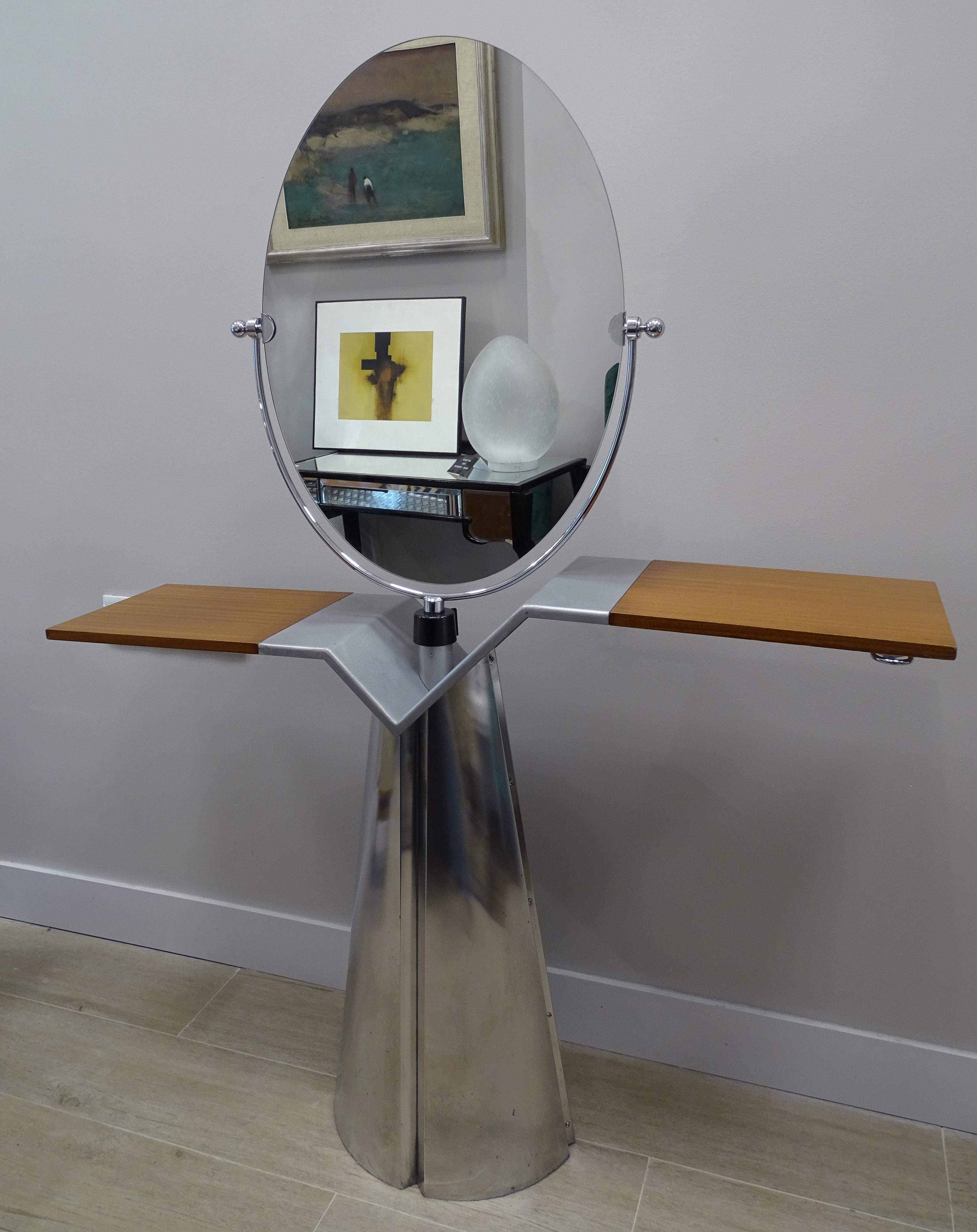 80s Italian Wood Aluminium Glass Vanity Mirror Dressing Table Mirror For Sale 9