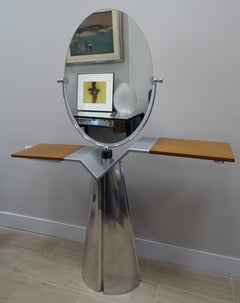 80s Italian Wood Aluminium Glass Vanity Mirror Dressing Table Mirror