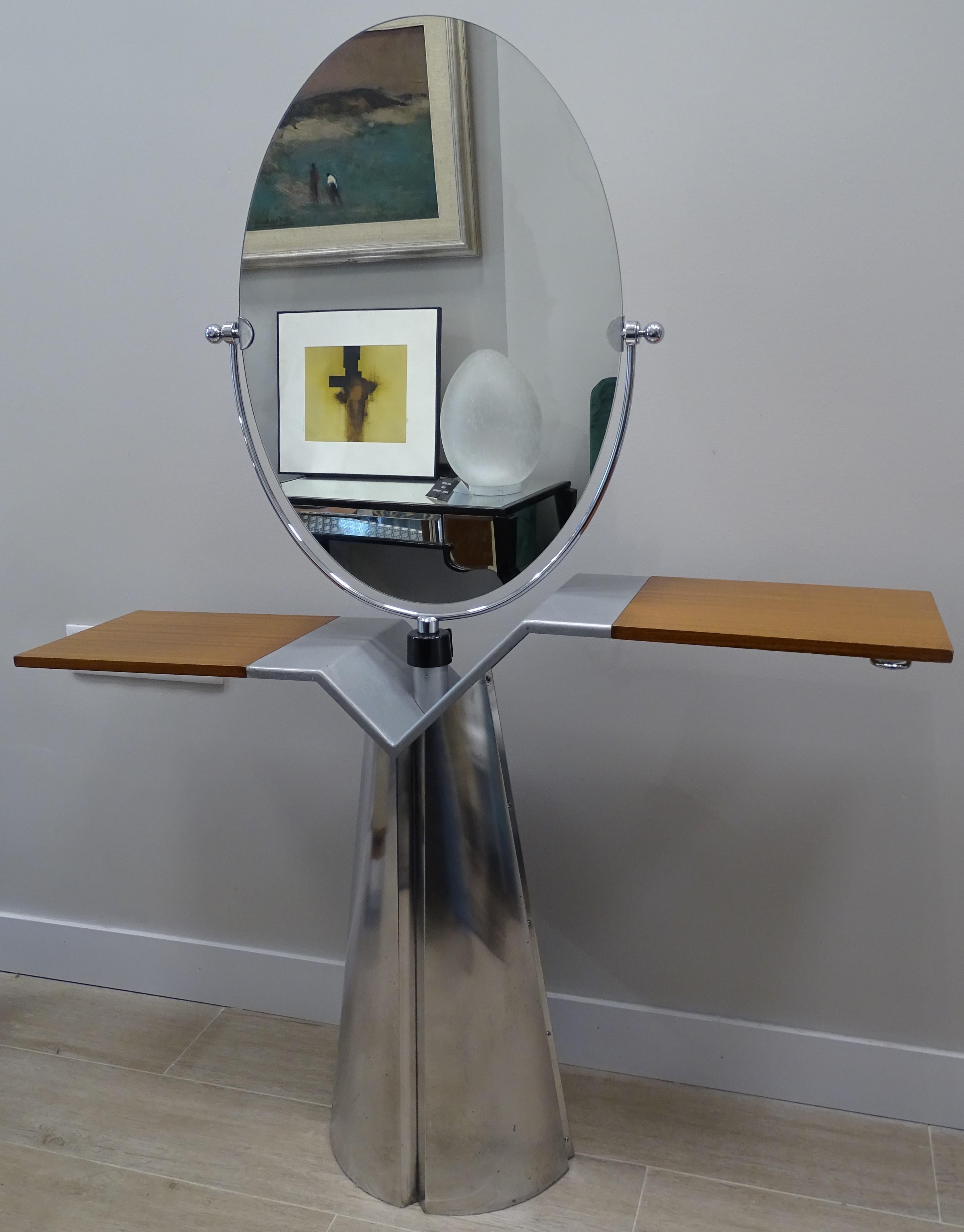 Mid-Century Modern 80s Italian Wood Aluminium Glass Vanity Mirror Dressing Table Mirror For Sale