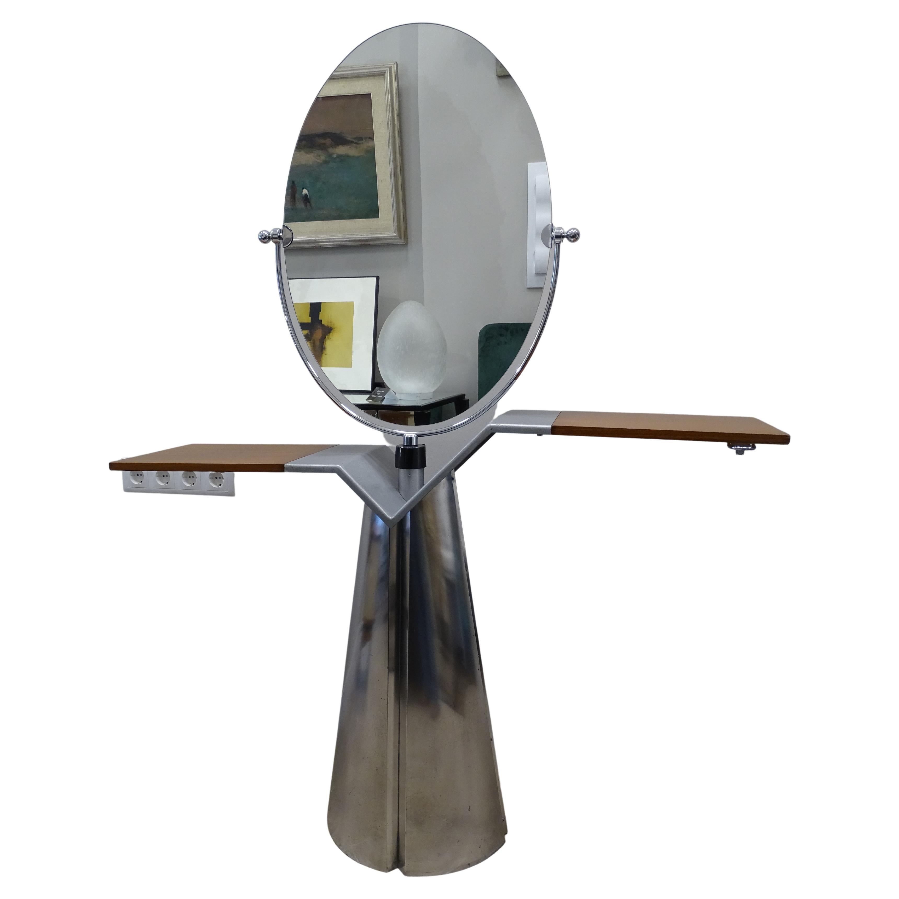 80s Italian Wood Aluminium Glass Vanity Mirror Dressing Table Mirror