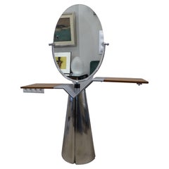 Vintage 80s Italian Wood Aluminium Glass Vanity Mirror Dressing Table Mirror