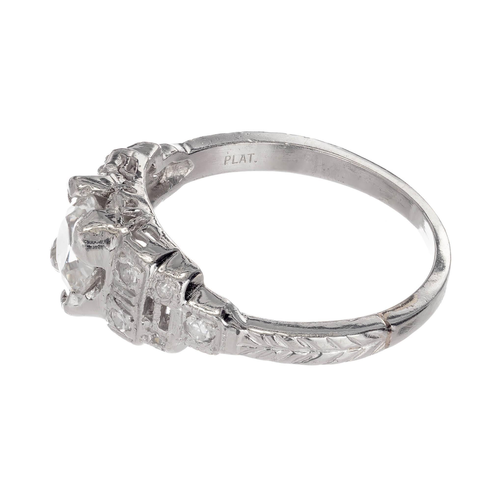 Ladies handmade diamond art deco engagement ring. Platinum setting.  circa 1910-1920 set with 10 single cut diamonds approx. Excellent cut and brilliance. Cushion brilliant cut. This diamond is certified EGL. Original Art Deco style handmade