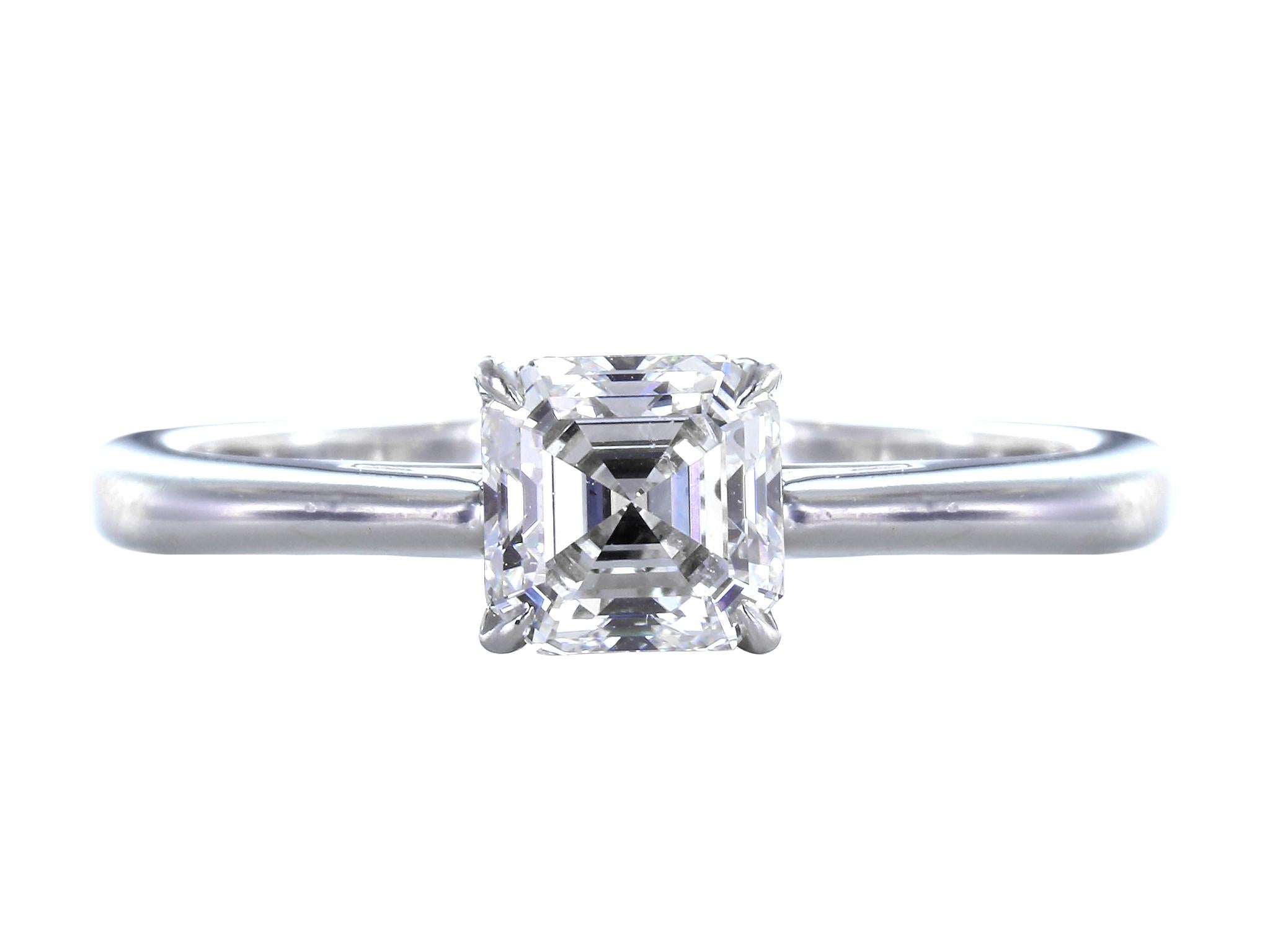 Platinum solitaire engagement ring consisting of 1 Asscher cut diamond weighing .81 carats, measuring 5.18 x 5.14 x 3.51 mm, color and clarity of F/VS2 with GIA report 12559987 also inscribed in the girdle.