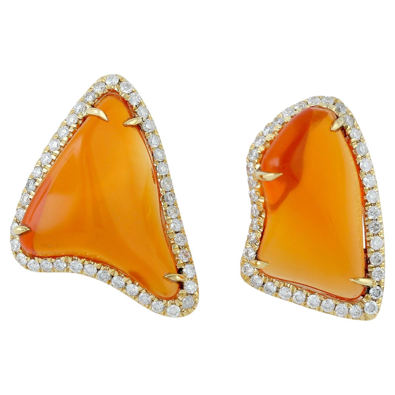8.1 Carat Fire Opal 18 Karat Gold Diamond Stud Earrings For Sale