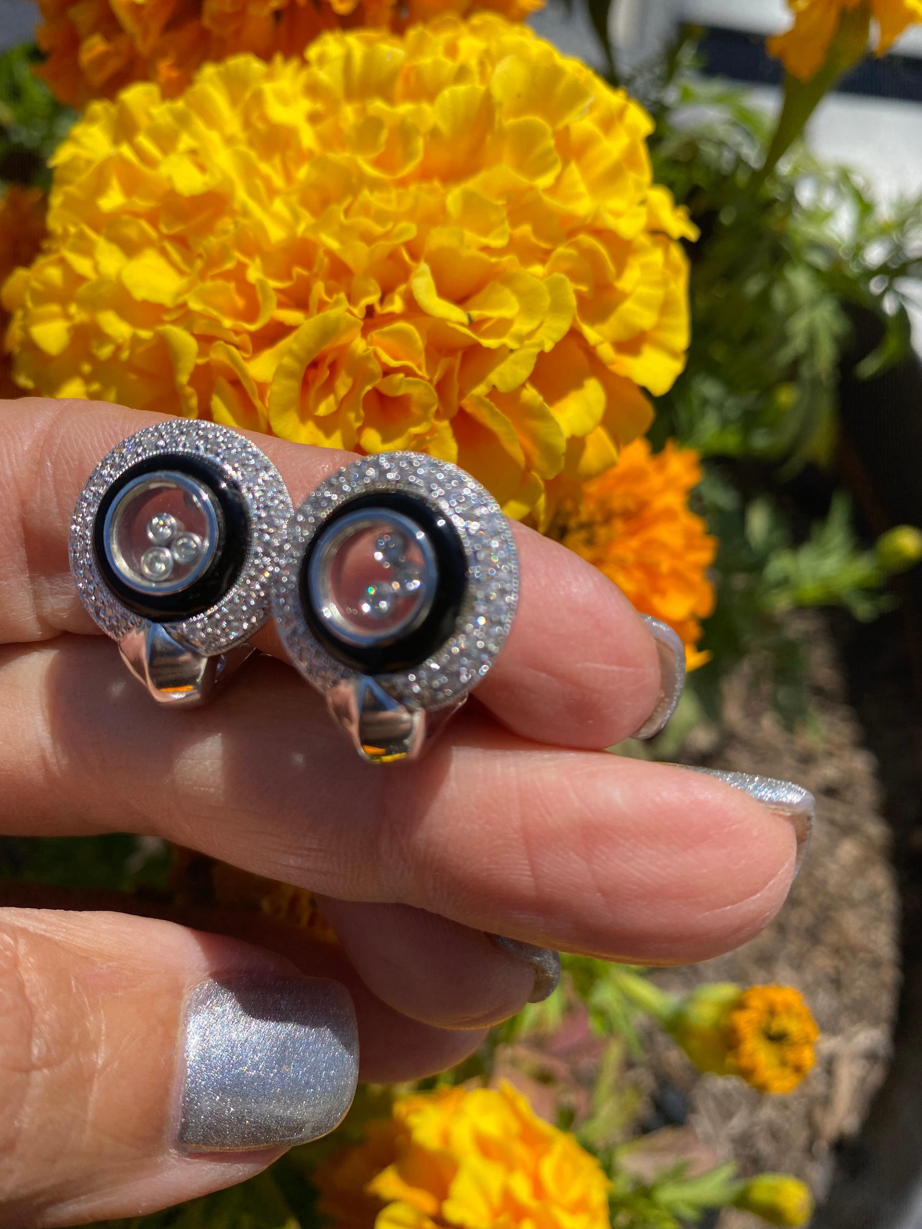 .81 Carat Floating Diamond and Black Onyx Earrings 14 Karat White Gold In Excellent Condition For Sale In Laguna Hills, CA