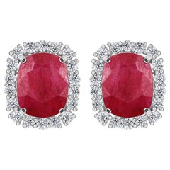 8.1 Carat Ruby Gemstone 0.7 Carat SI/H Diamond Stud Earrings 18 Karat White Gold