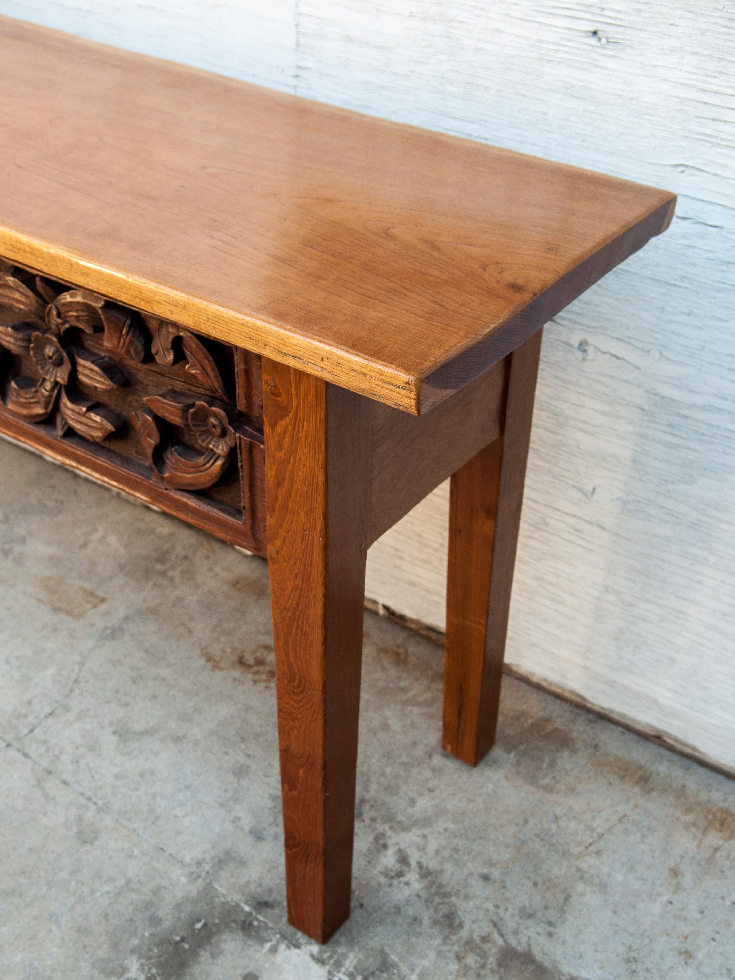 Console Table with Old Sumatran House Carving, Single Plank Teak Top, 1990s 2