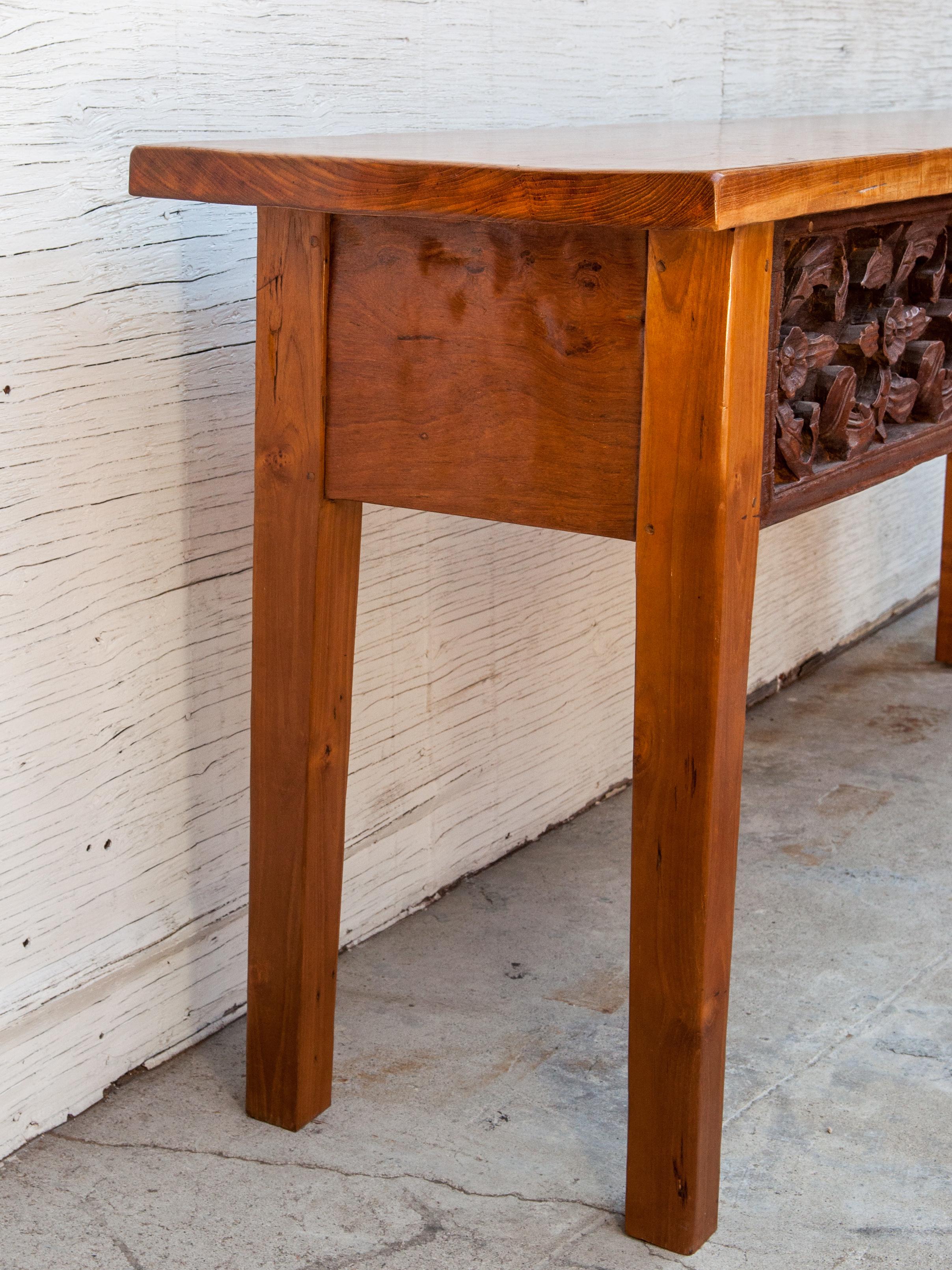 Indonesian Console Table with Old Sumatran House Carving, Single Plank Teak Top, 1990s