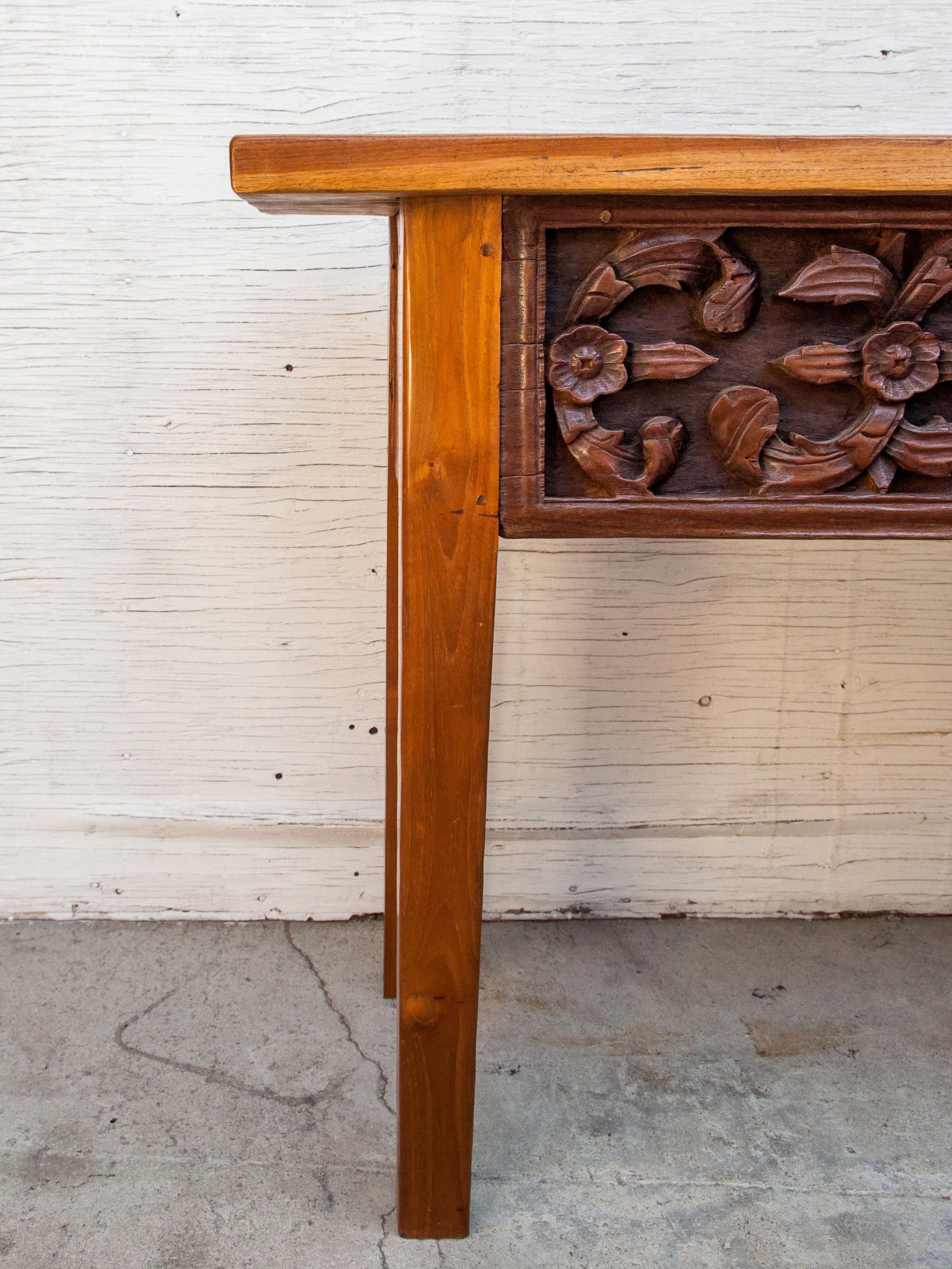 Hand-Carved Console Table with Old Sumatran House Carving, Single Plank Teak Top, 1990s