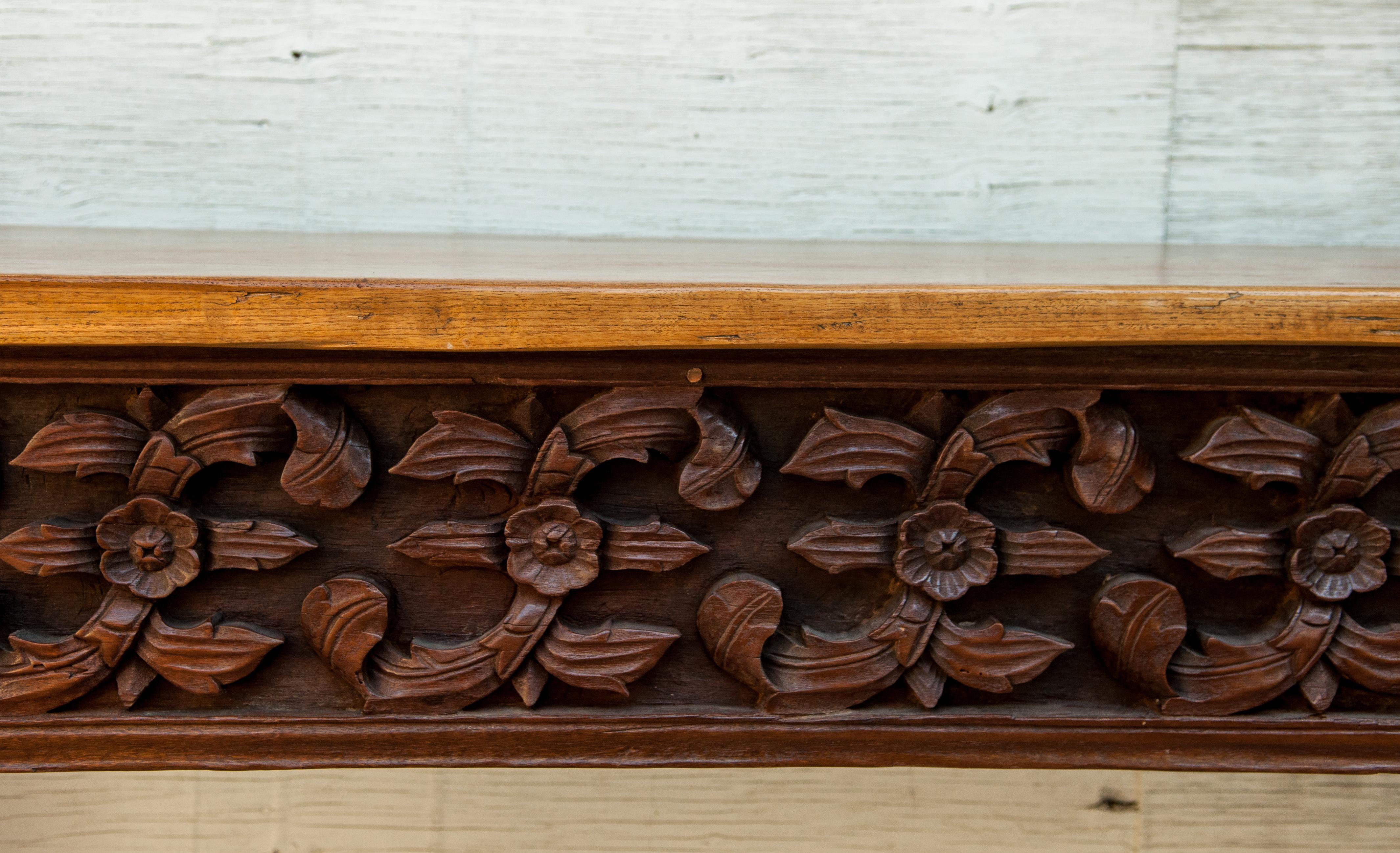 Late 20th Century Console Table with Old Sumatran House Carving, Single Plank Teak Top, 1990s