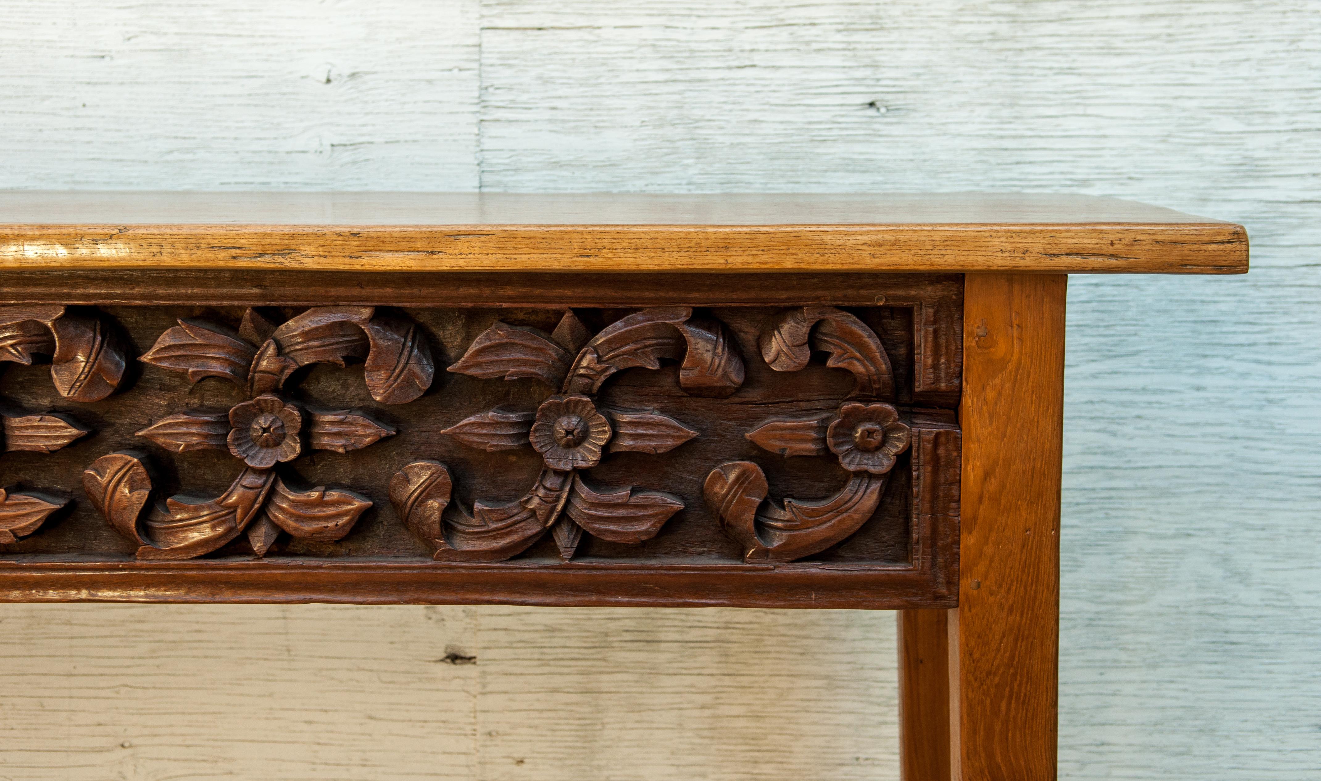 Hardwood Console Table with Old Sumatran House Carving, Single Plank Teak Top, 1990s
