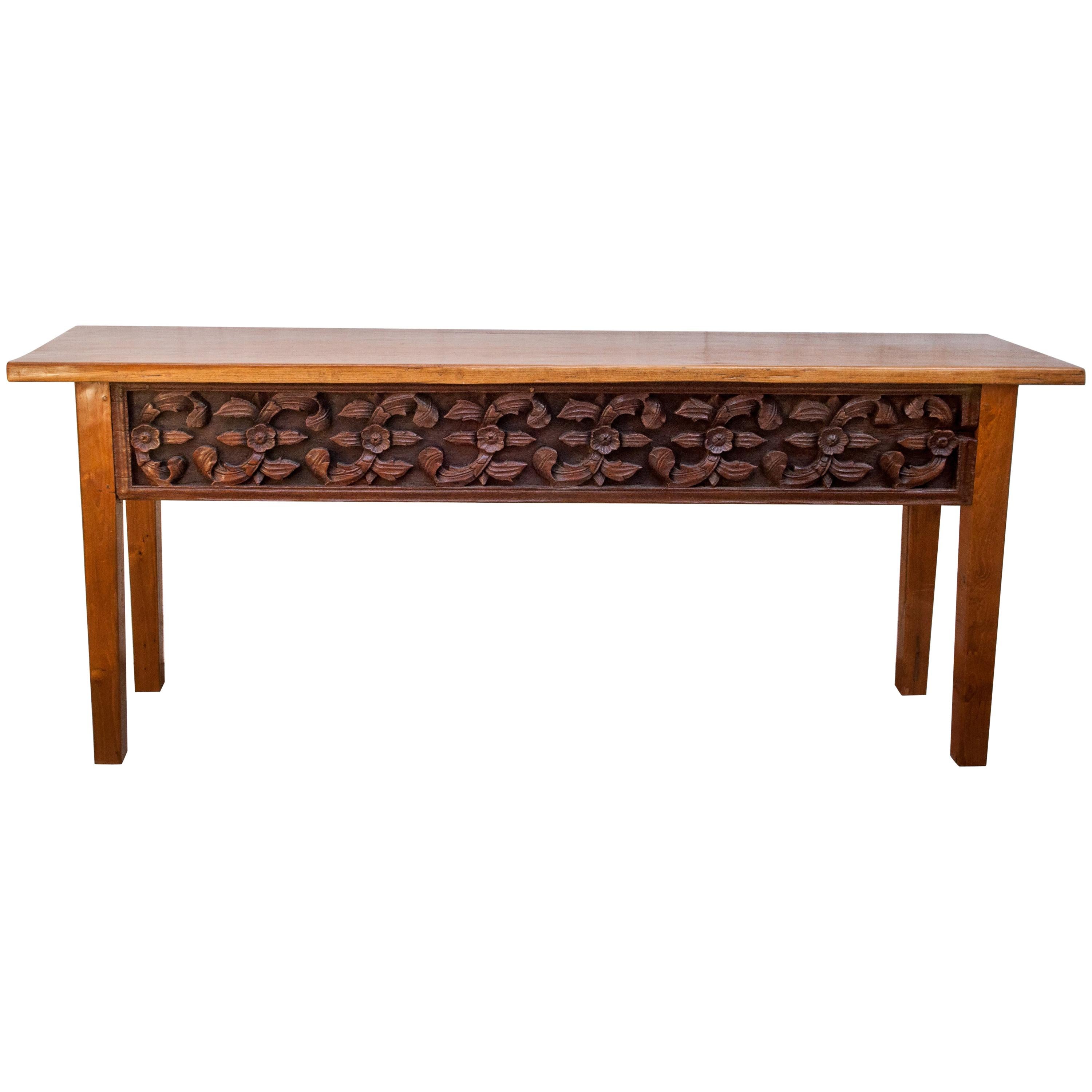 Console Table with Old Sumatran House Carving, Single Plank Teak Top, 1990s