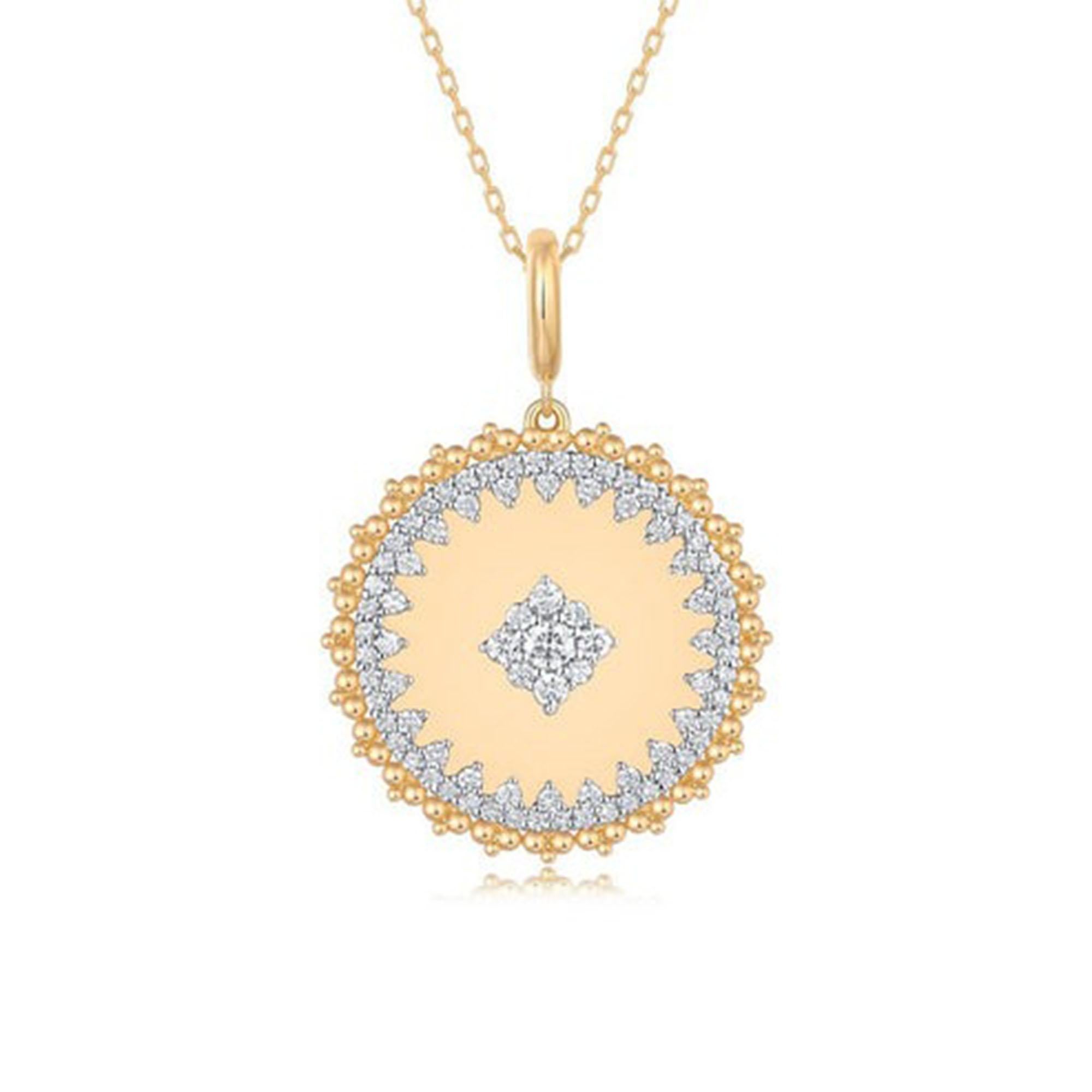 Taille ronde 81 Diamant à mouvement rond Collier pendentif en or jaune 14K (ou 18k sur demande) en vente